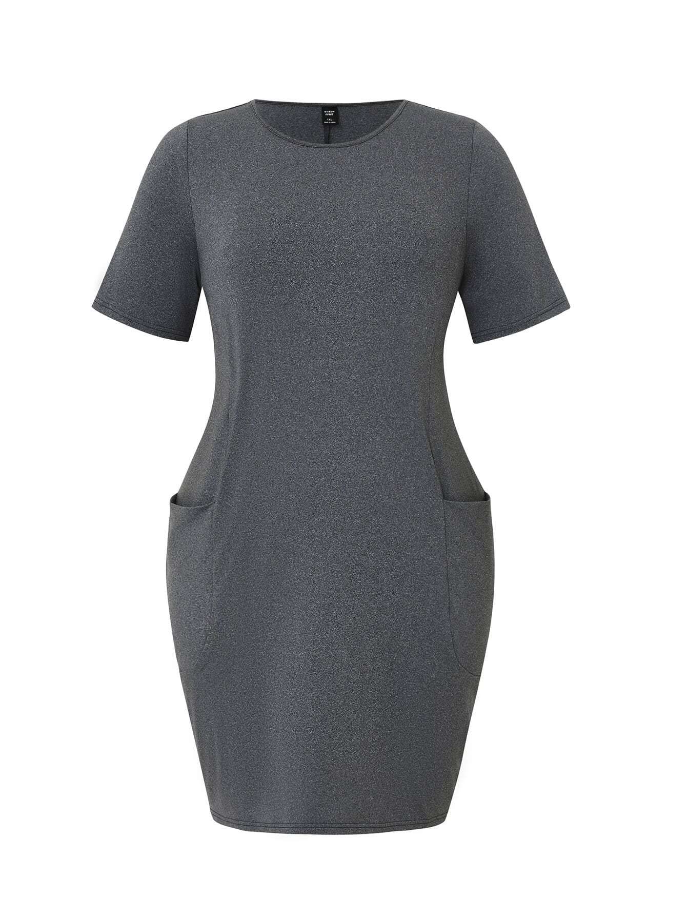 INOUJEKER Plus Size Women's Pocket Tee Dress - Dark Gray XX-Large | Casual Comfort Stretch T-Shirt Dress for Work, Travel & Everyday Wear