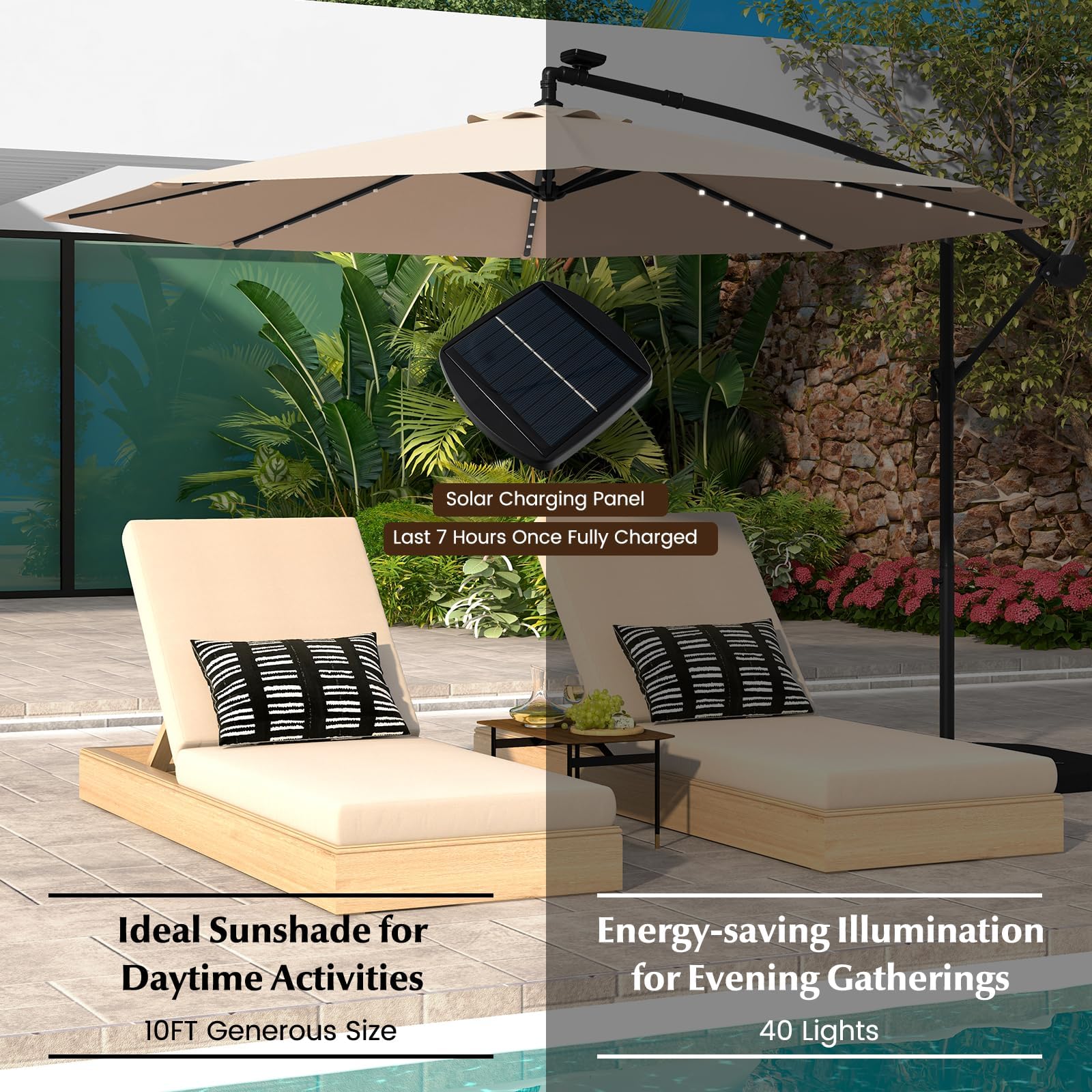 HAPPYGRILL 10 FT Outdoor Cantilever Umbrella with Solar Lights & Easy Tilt - 8 Ribs & Cross Base - Perfect for Patio, Deck, Poolside, Lawn, and Garden Relaxation