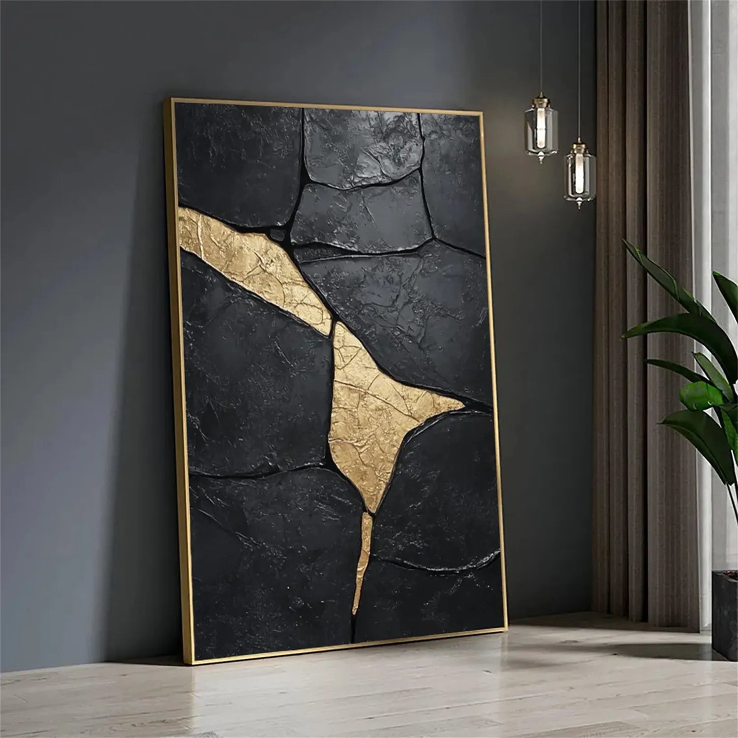 Black Gold Minimalist Textured Painting Canvas Wall Art - Modern Abstract Home Decor for Living Room, Bedroom & Office | Premium Quality #MZ124
