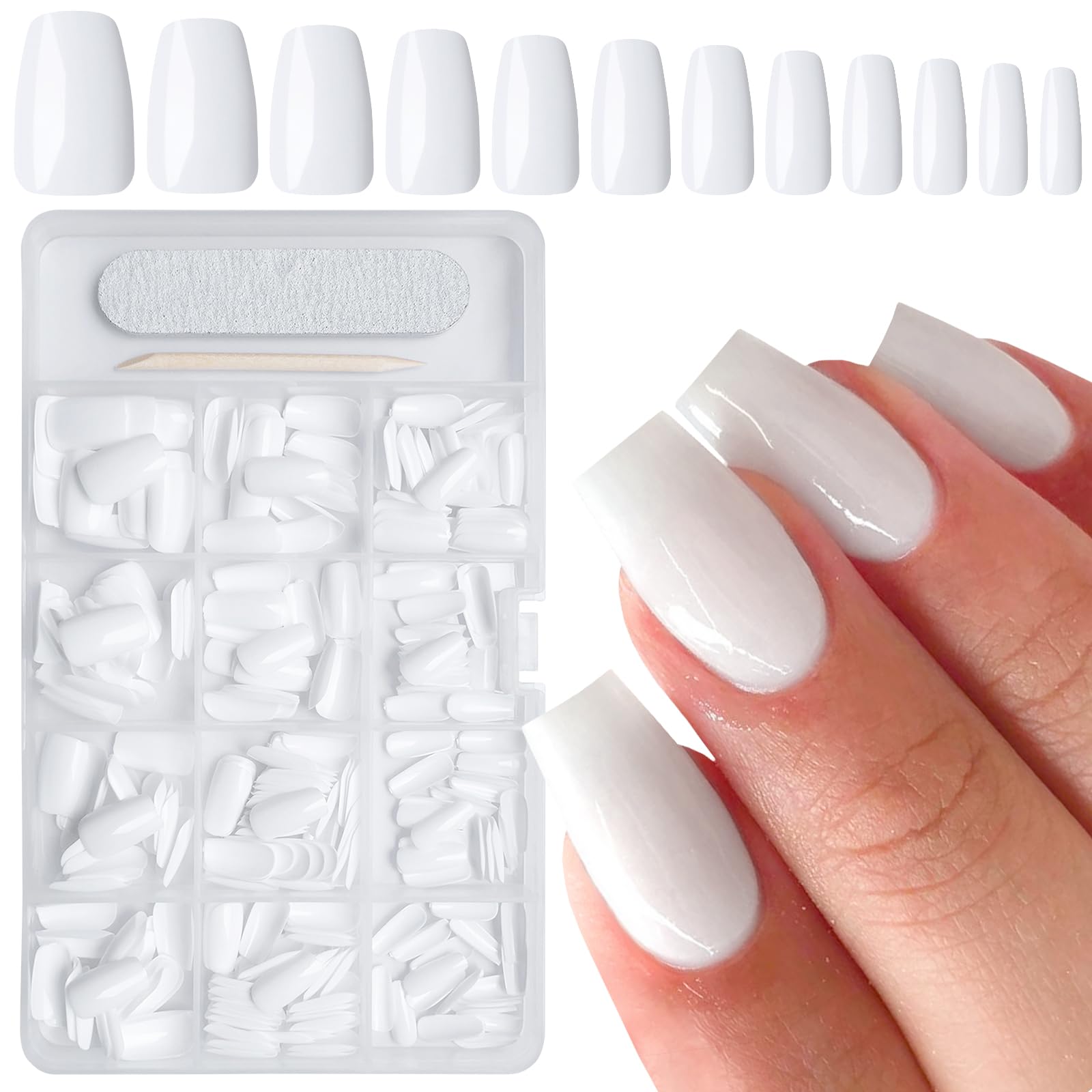 AddFavor 300pcs Medium Square Press-On Nails - White Glossy ABS Fake Nails for Women & Girls (12 Sizes) | Perfect for Parties, Weddings, Halloween & Everyday Wear