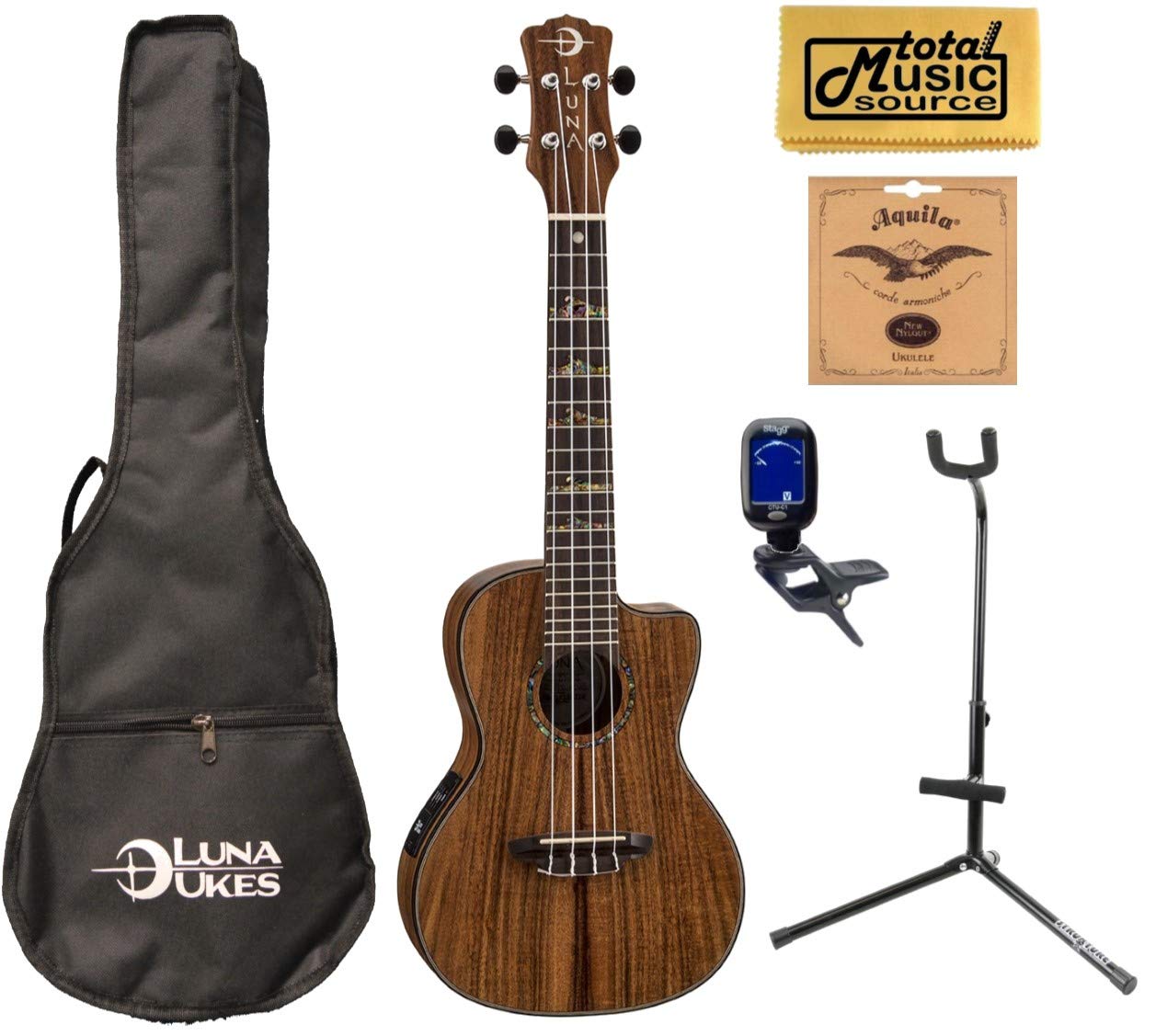 Premium Luna UKE HTC KOA High Tide Koa Concert Ukulele with Stand Bundle - Professional Hawaiian Ukulele for Beginners & Musicians - Perfect for Home, Stage & Beach Performances