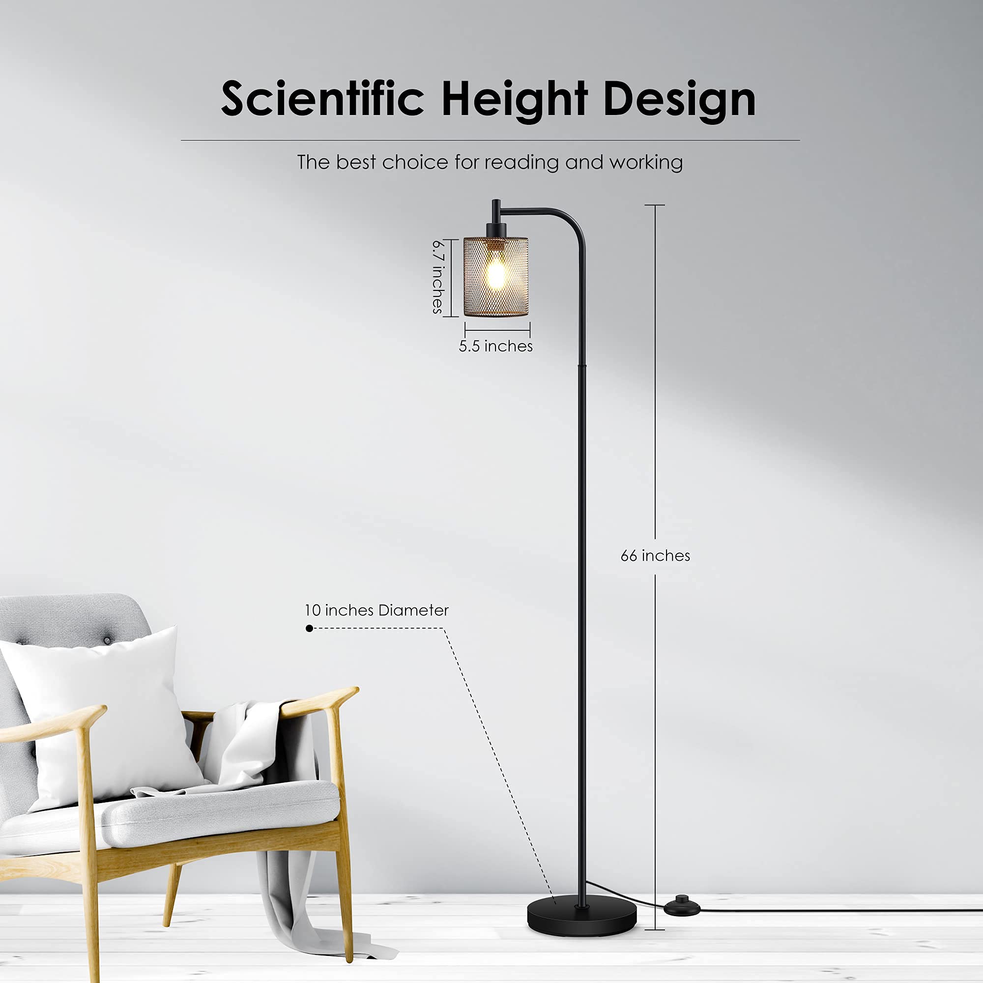 BoostArea Industrial Floor Lamp - 6W LED Standing Lamp with Hanging Iron Mesh Shade, Metal Farmhouse Floor Light with Foot Switch, Rustic Lighting for Living Room Bedroom Office (Black) | Perfect for Reading Nook, Home Office, and Cozy Corners