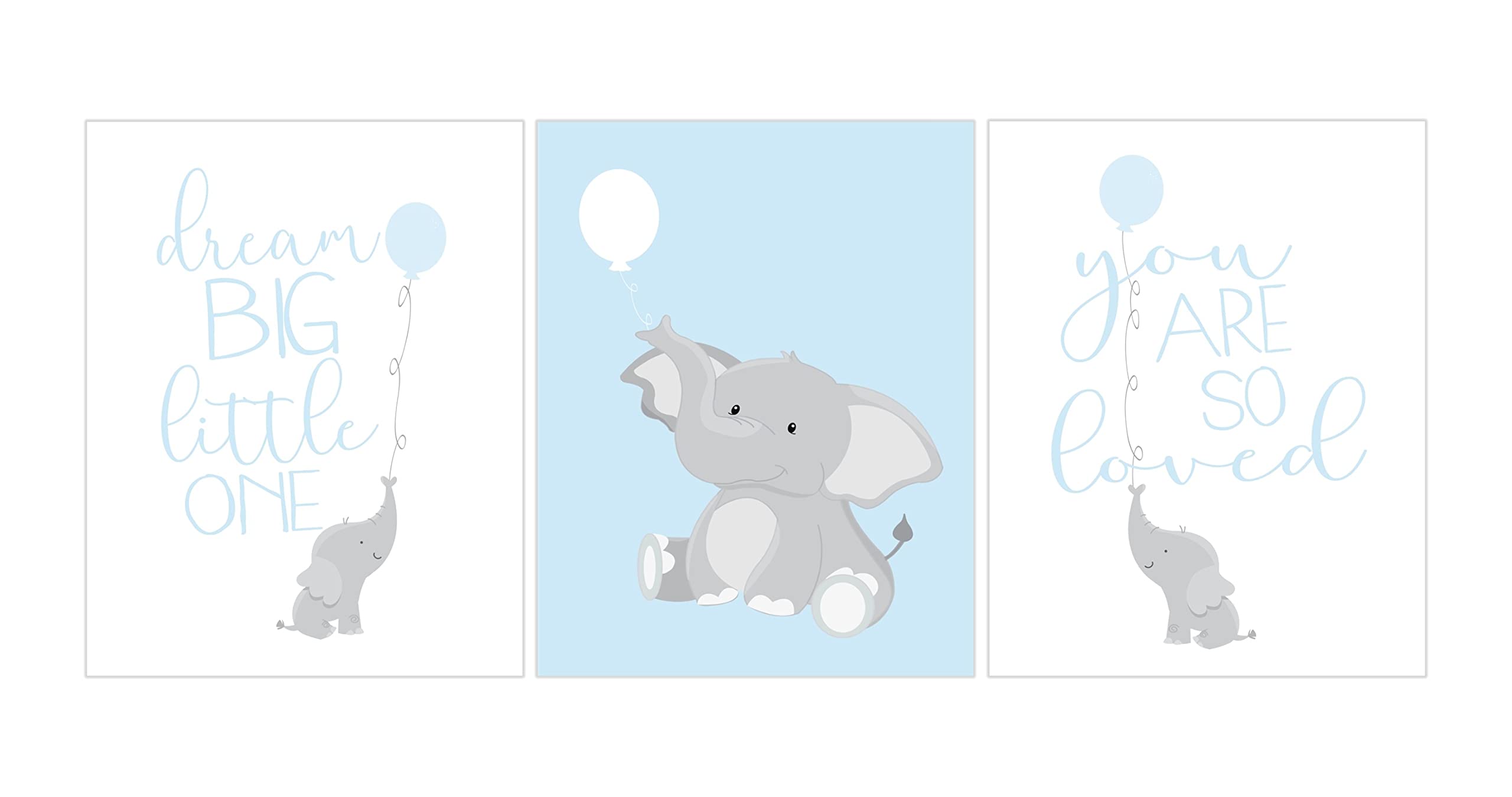 Baby Blue Boy Elephant Nursery Decor - Set of 3 Unframed Wall Art Prints - Dream Big Little One, You Are So Loved - Perfect for Baby Showers, Newborn Gifts & Kids Room Decoration