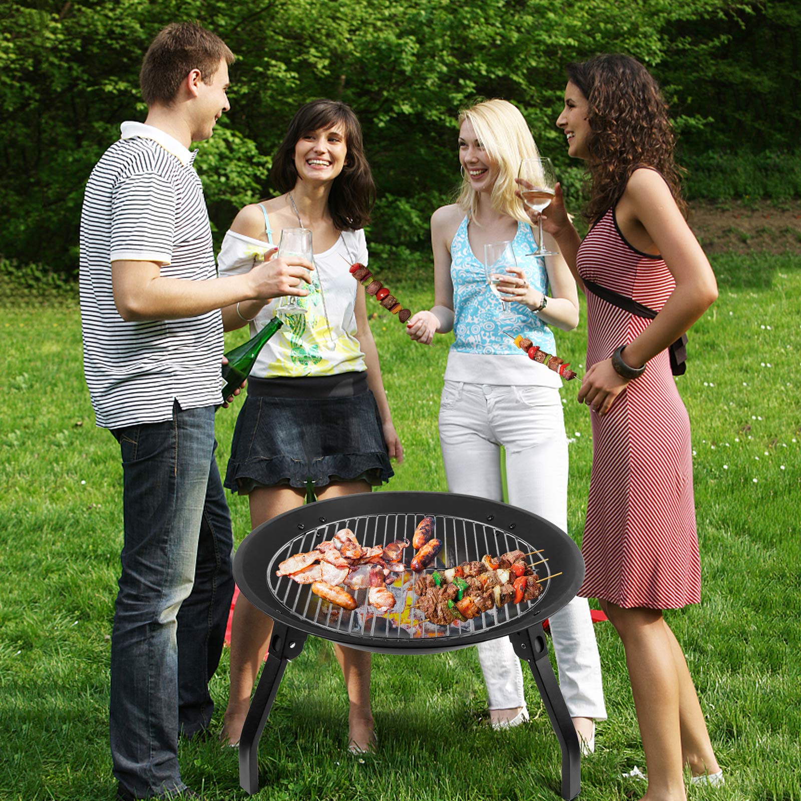 22 Inch Portable Folding Fire Pit - Outdoor Wood Burning Steel BBQ Grill with Mesh Spark Screen & Poker - Perfect for Camping, Backyard, Beach & Patio Gatherings
