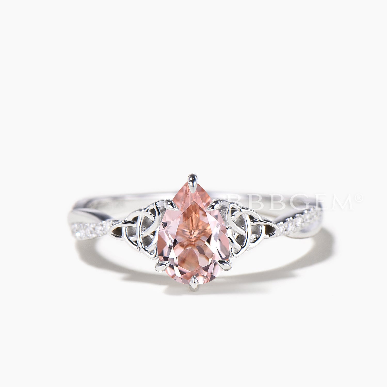 Natural Morganite Teardrop Cut Engagement Ring with Diamond Accents & Celtic Knot Design – Perfect for Weddings, Anniversaries, and Romantic Proposals