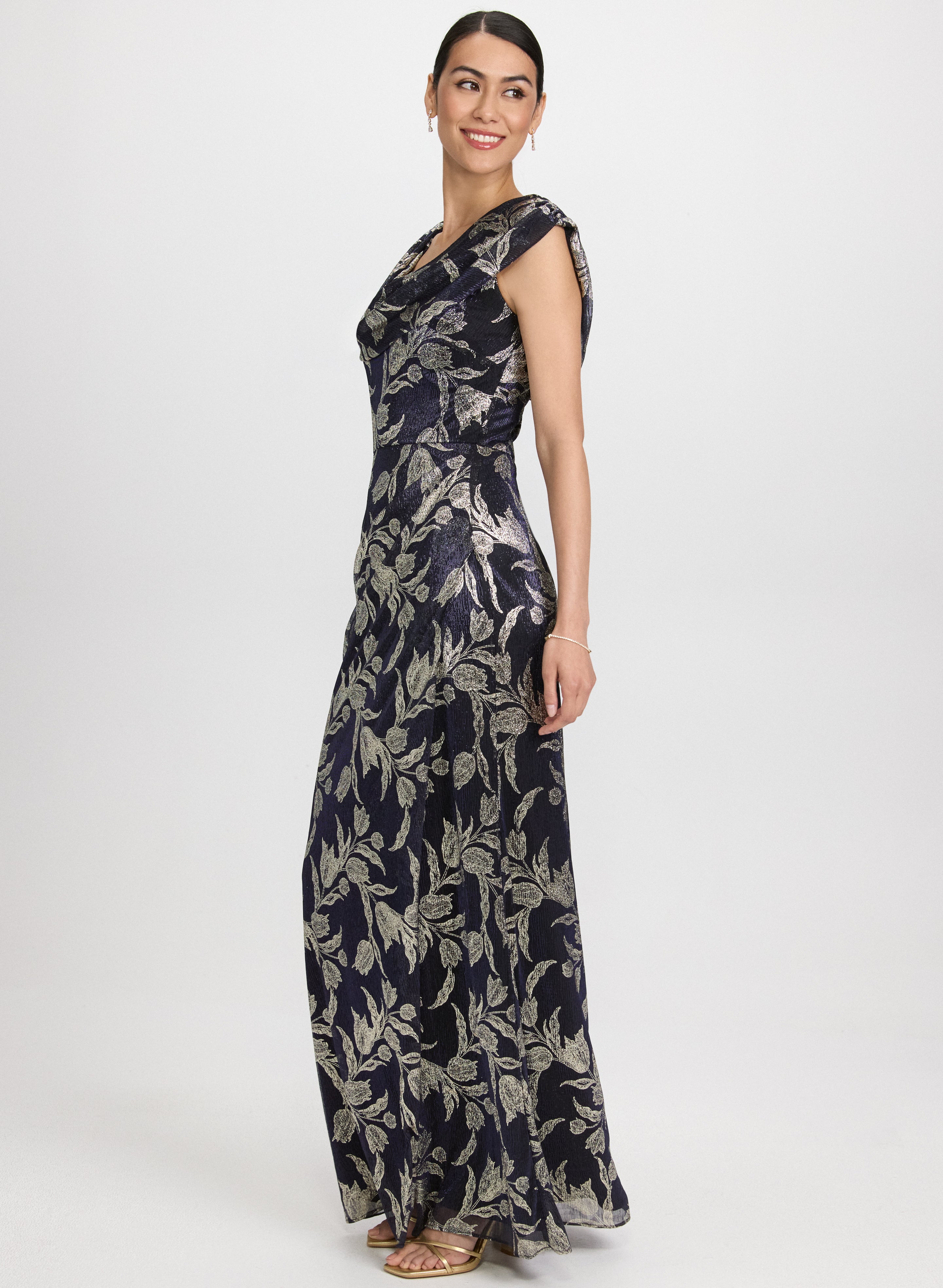 Floral Cowl Neck Dress for Women - Elegant Long Sleeve Flowy Midi Dress for Party, Wedding & Special Occasions