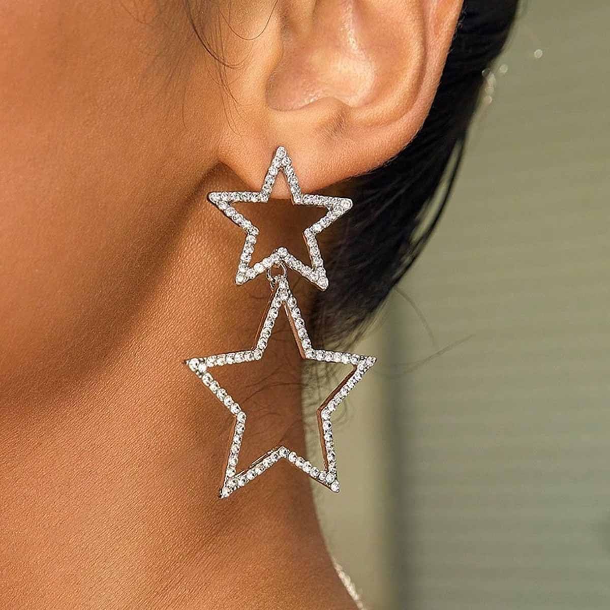 Sparkling Silver Star Dangle Earrings for Women - Iridescent Rhinestone Star Jewelry with Big Sparkle | Perfect for Parties, Date Nights & Special Occasions