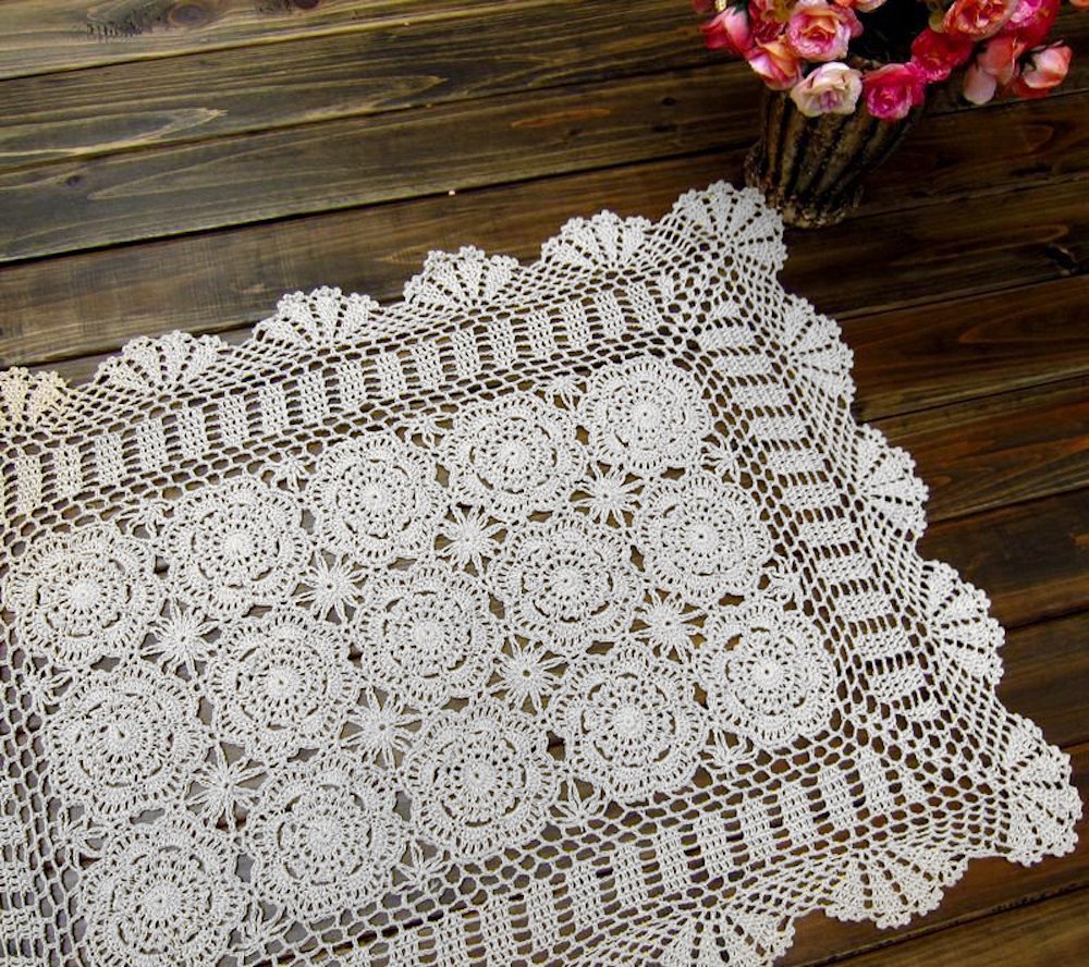 Handmade Cotton Crochet Lace Table Runner - 19x23 Inch White Rectangular Tablecloth for Dining Table, Dresser, or Wedding Decor | Elegant Doily & Home Decoration Scarf