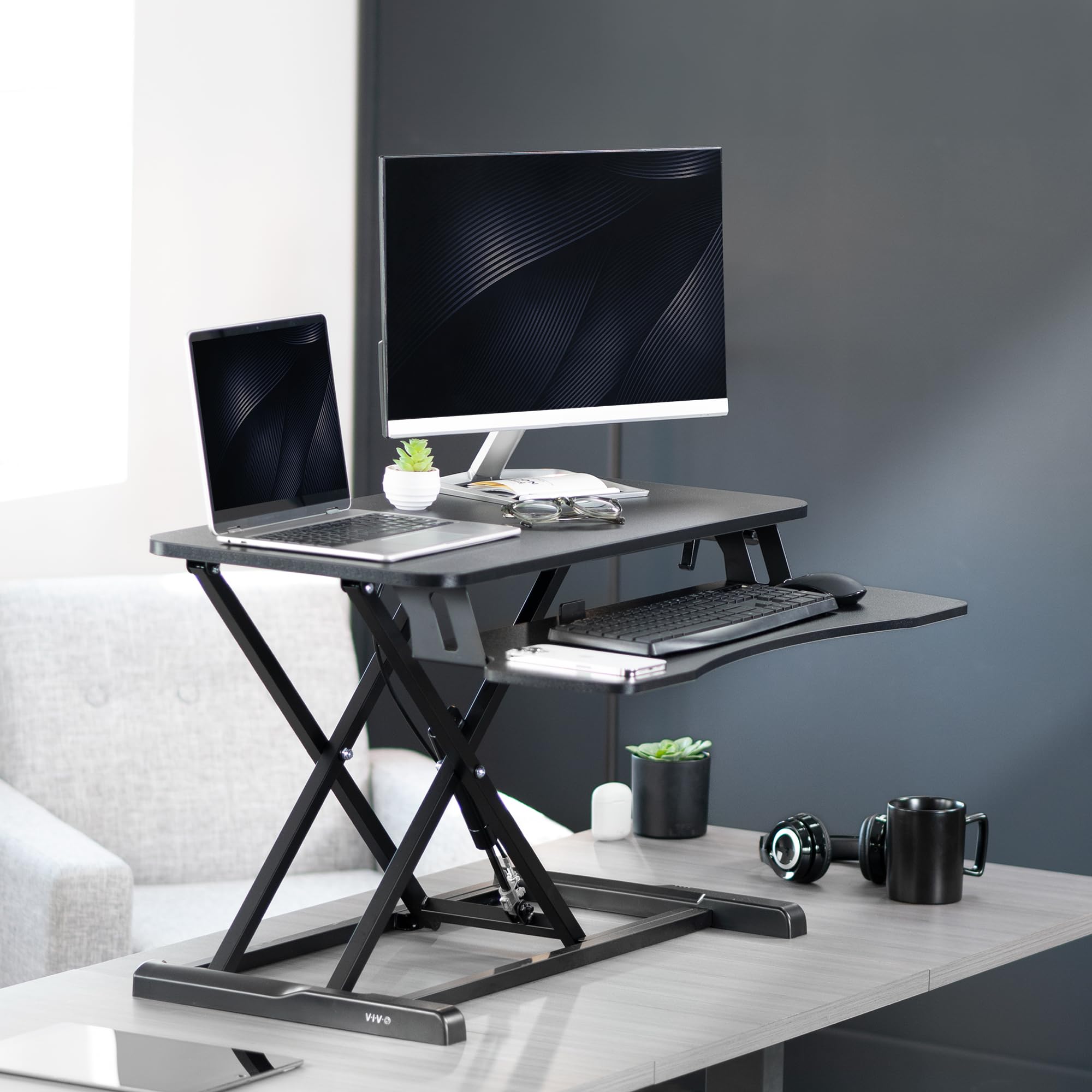 VIVO K Series 32 Inch Height Adjustable Sit Stand Desk Converter - Dual Monitor & Laptop Workstation with Wide Keyboard Tray, Black (DESK-V000K) - Perfect for Home Office, Gaming Setup & Ergonomic Workspace