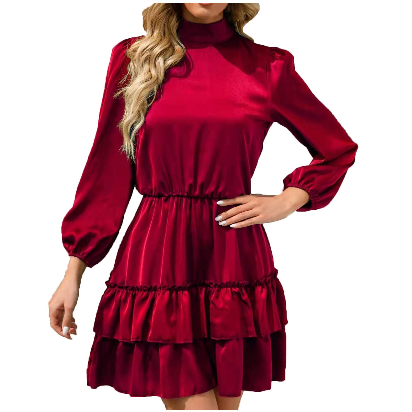 BmkBWO Women's Summer Long Sleeve Ruffle Tiered A-Line Cocktail Dress - Mock Neck Casual Short Dress for Wedding Guest, Party, Date Night & Special Occasions