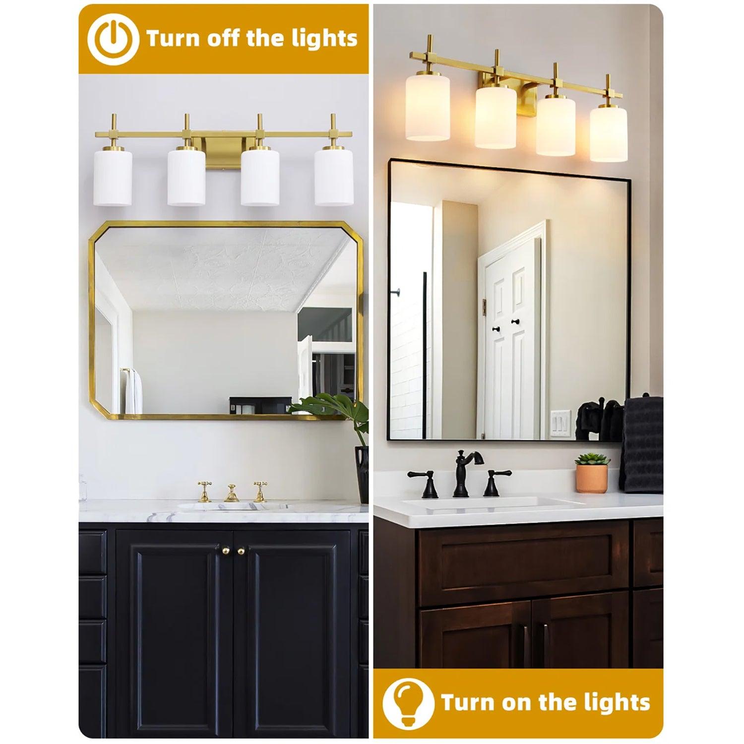Jasper Gold Modern Frosted Glass 4-Light Bathroom Vanity Light Fixture - Perfect for Bathroom, Powder Room & Dressing Area Lighting