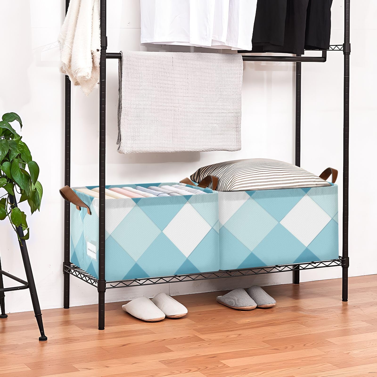 Blue and White Checkered Storage Baskets with Handles - 2 Pack Durable Fabric Organizer Bins for Clothes, Toys, and Home Organization - Perfect for Bedroom, Closet, and Nursery Storage Solutions