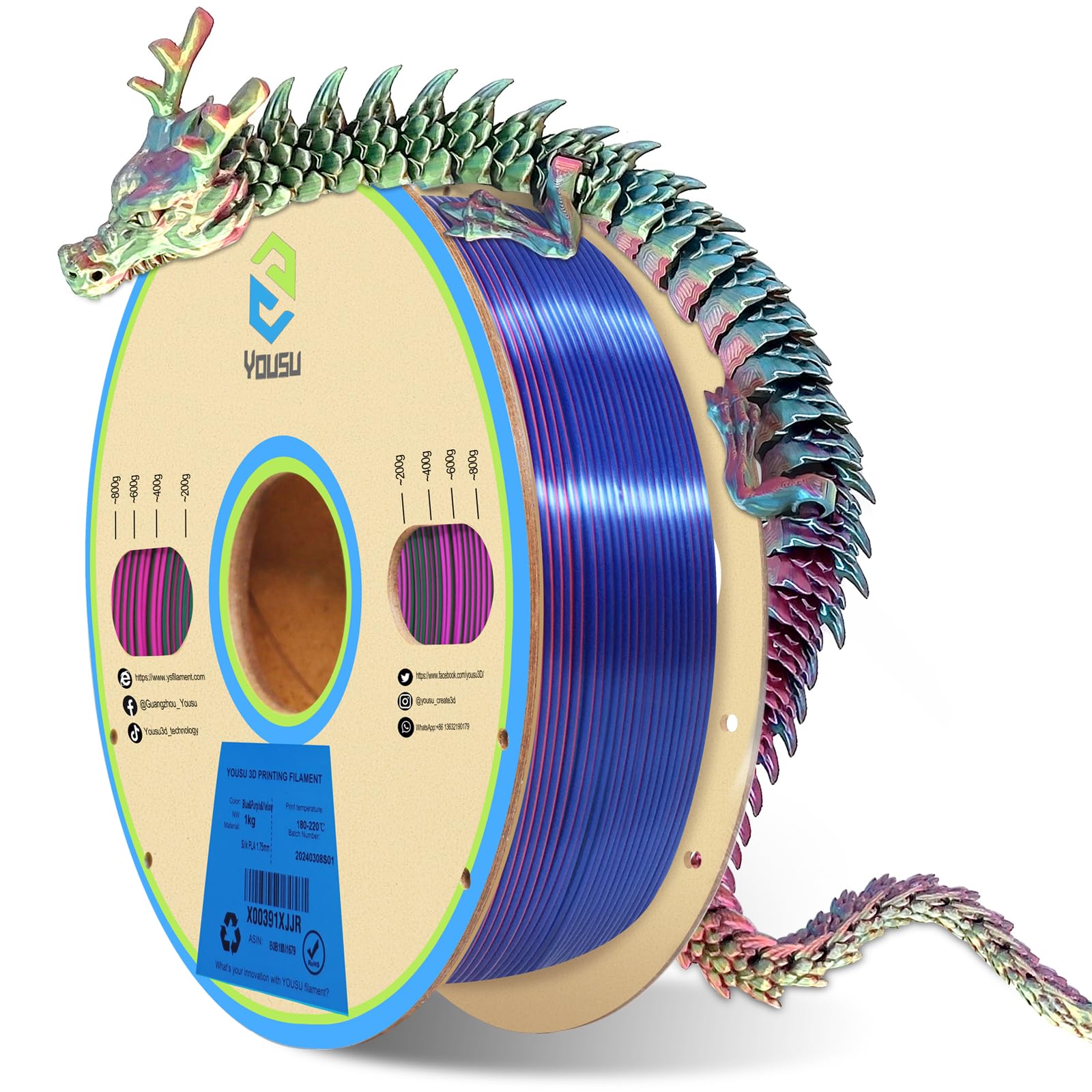 Premium YOUSU 3D Printer Filament - Triple Color Silk PLA Filament 1.75mm for Smooth 3D Printing | Rainbow-Like Multicolor Filament (1kg/2.2lbs) | Ideal for Cosplay, DIY Crafts & Home Decor Projects | Silk Red/Blue/Green Options