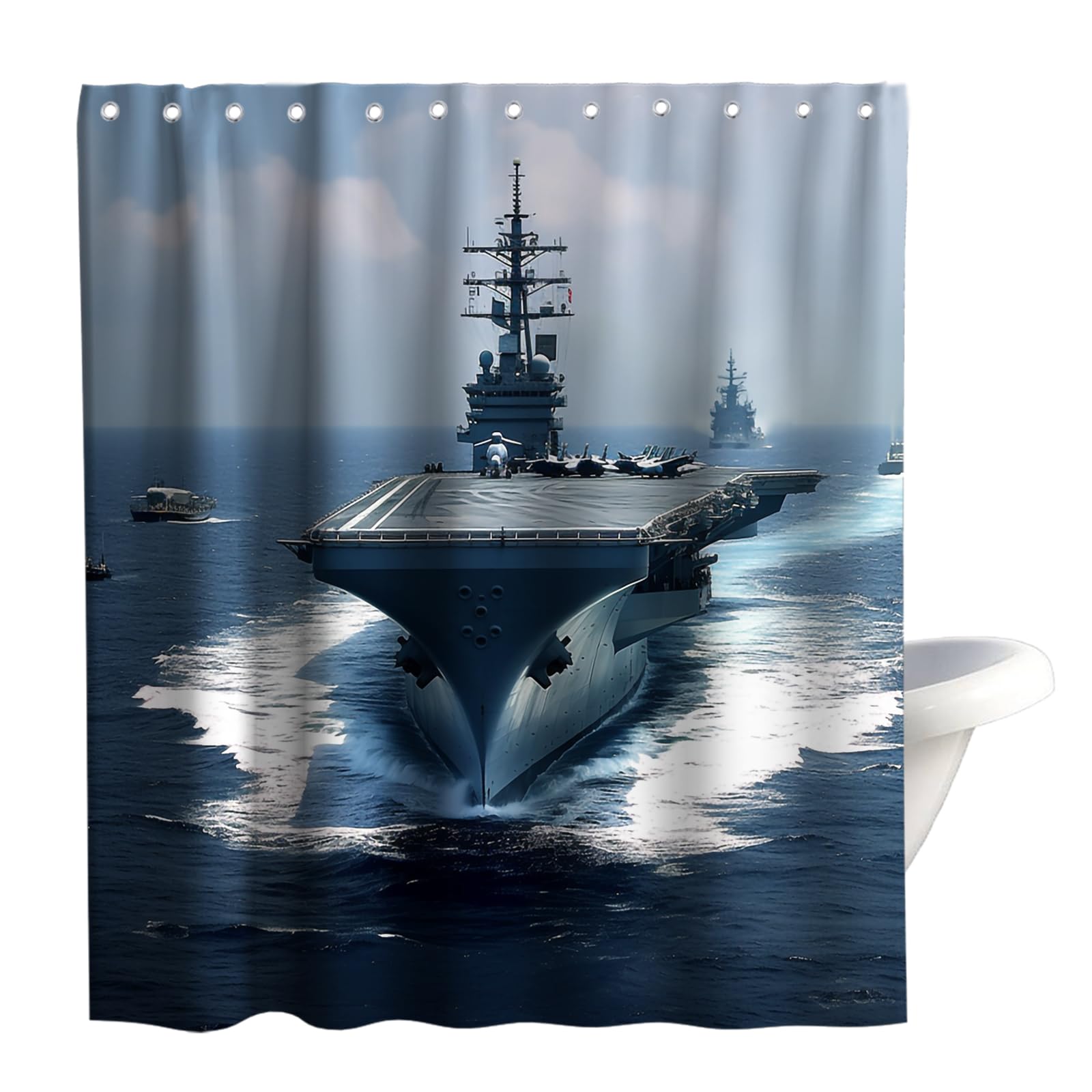American Military Aircraft Carrier Themed Shower Curtain - Navy Blue 72x72 Inch Bathroom Decor with Rustproof Grommets & Hooks | Perfect for Navy Enthusiasts' Home, Man Cave, or Military-Themed Bathroom Design