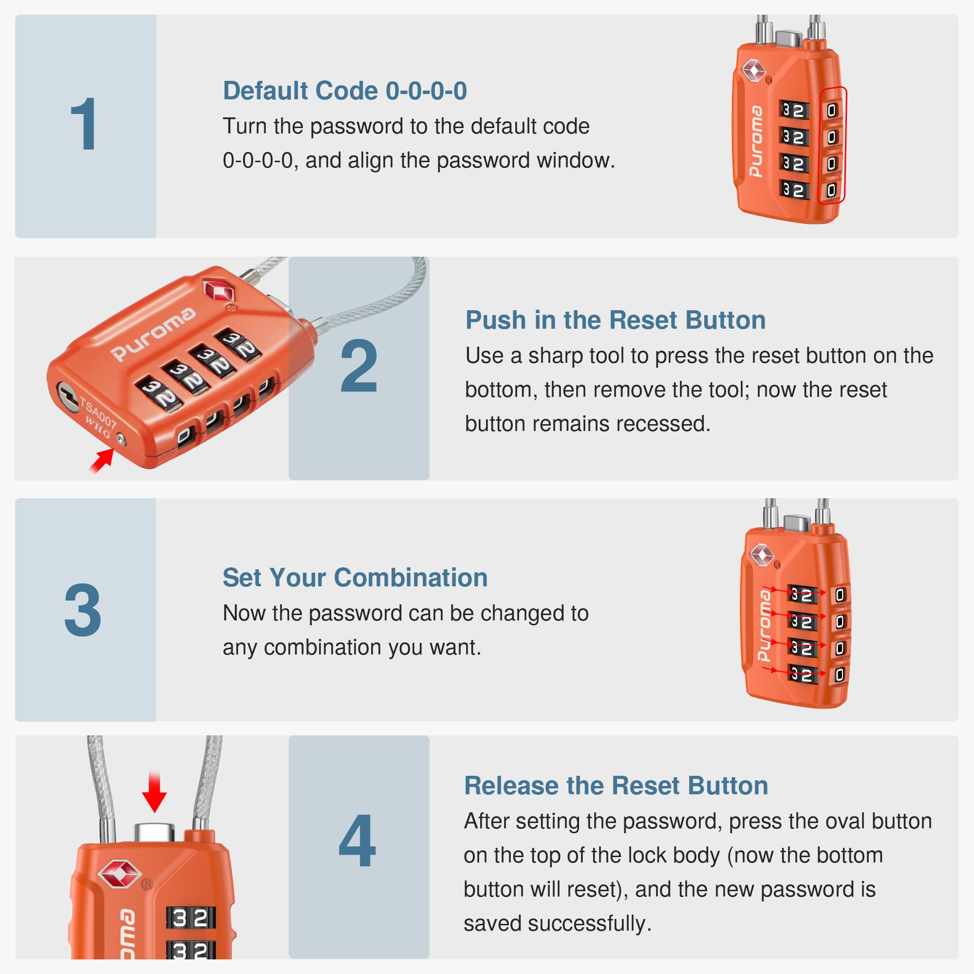 Puroma 2 Pack TSA Approved Luggage Locks - Secure 4 Digit Combination Travel Locks with Resettable Code & Durable Zinc Alloy Body for Suitcases, Backpacks, Gym Lockers & Toolboxes (Orange) - Ideal for Air Travel, School, Work & Outdoor Adventures