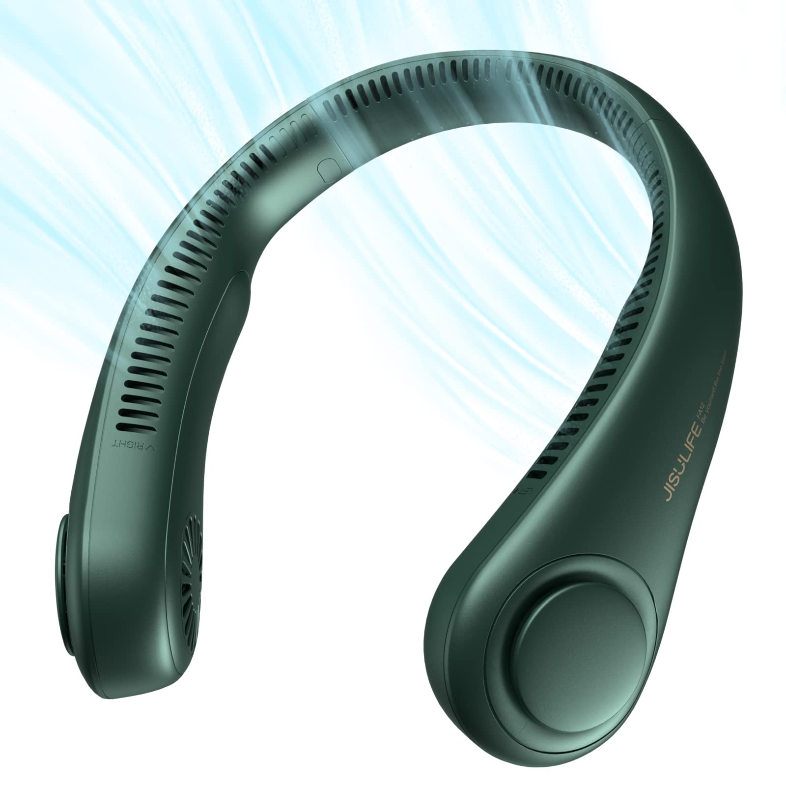 JISULIFE Portable Neck Fan - Hands Free Bladeless Personal Fan with 4000mAh Battery, USB Powered Desk Fan, 5 Speed Settings - Dark Green - Perfect for Office, Travel, Outdoor Activities & Home Use