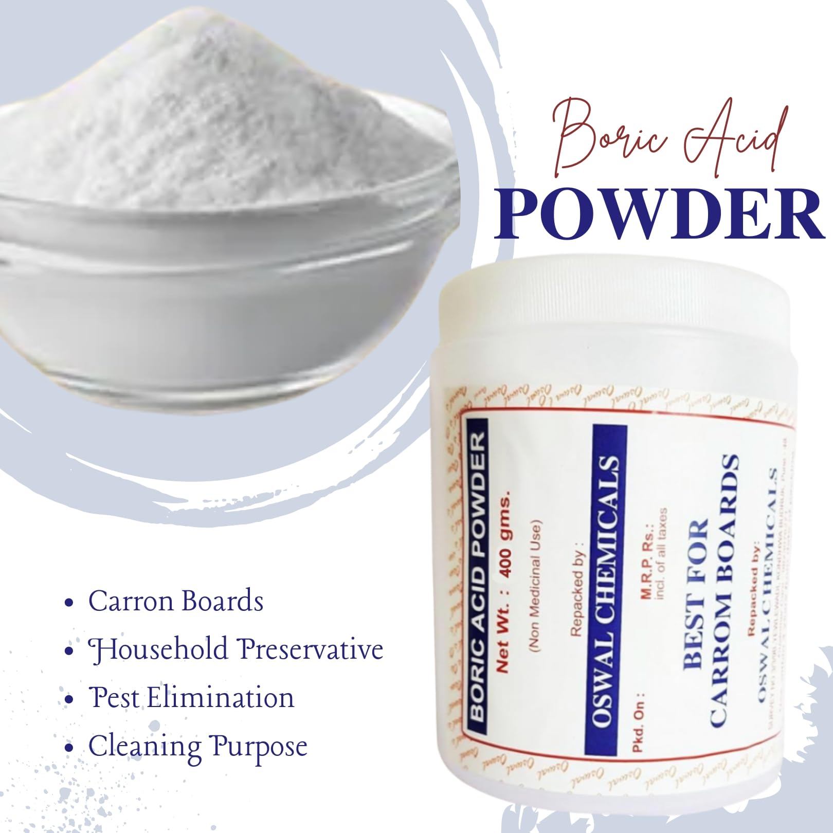 Oswal's Premium Boric Acid Powder for Carrom Board - 400g White (OSWP_011) | Improves Game Performance & Reduces Friction | Perfect for Carrom, Snooker & Board Games