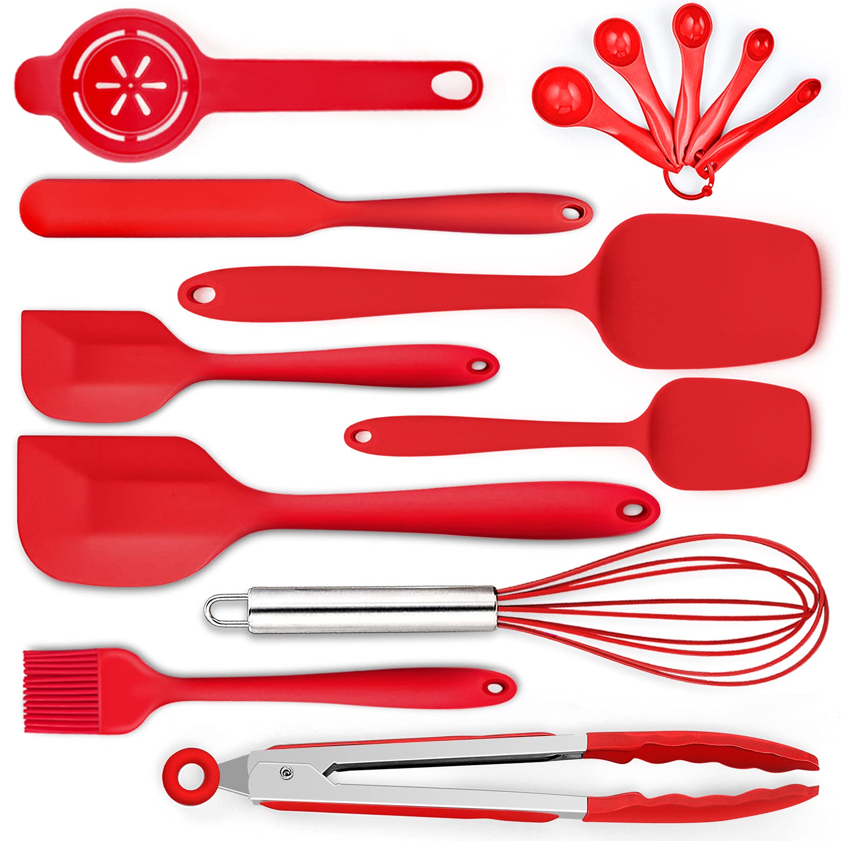 P&P CHEF 14-Piece Silicone Spatula Set - Heat Resistant Rubber Cooking Utensils for Nonstick Cookware - Includes Spatulas, Spoons, Kitchen Tongs & Baking Tools - Dishwasher Safe (Red) - Perfect for Baking, Cooking & Kitchen Prep
