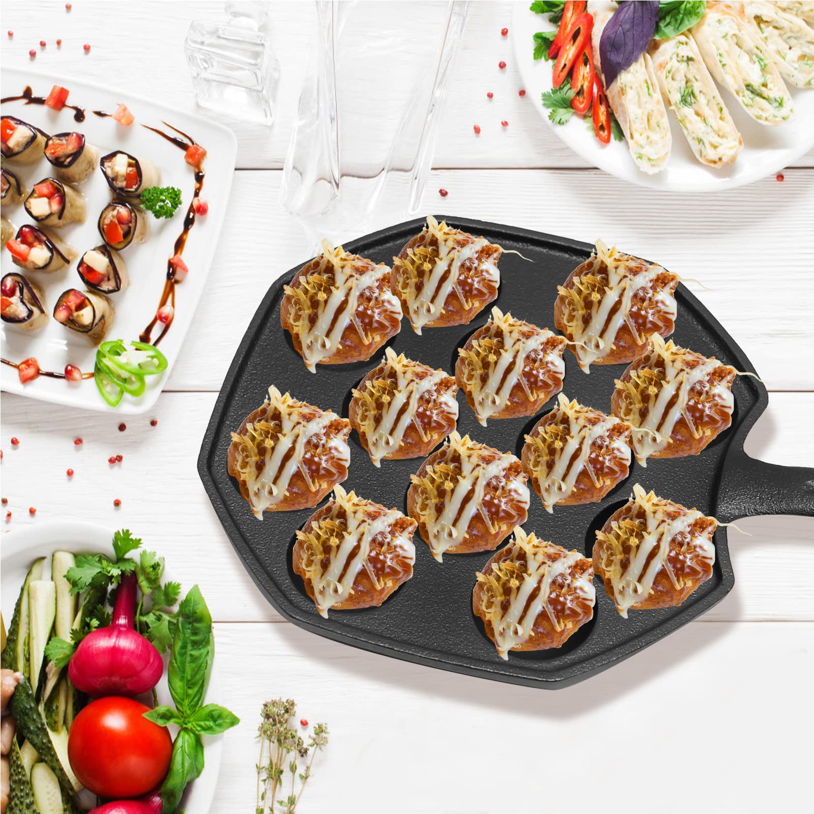 Cast Iron Takoyaki Pan - 12 Hole Heavy Duty Square Griddle for Japanese Octopus Balls, 1.5