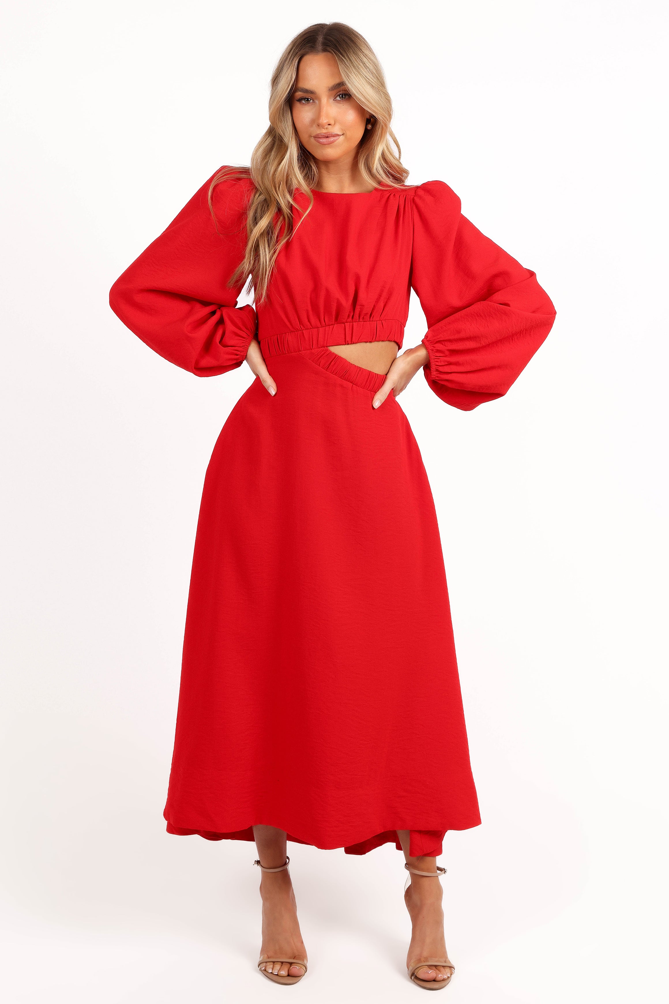 Ginnee Women's Red Puff Sleeve Cutout Midi Dress - Elegant Party & Cocktail Attire for Weddings, Date Nights & Special Occasions