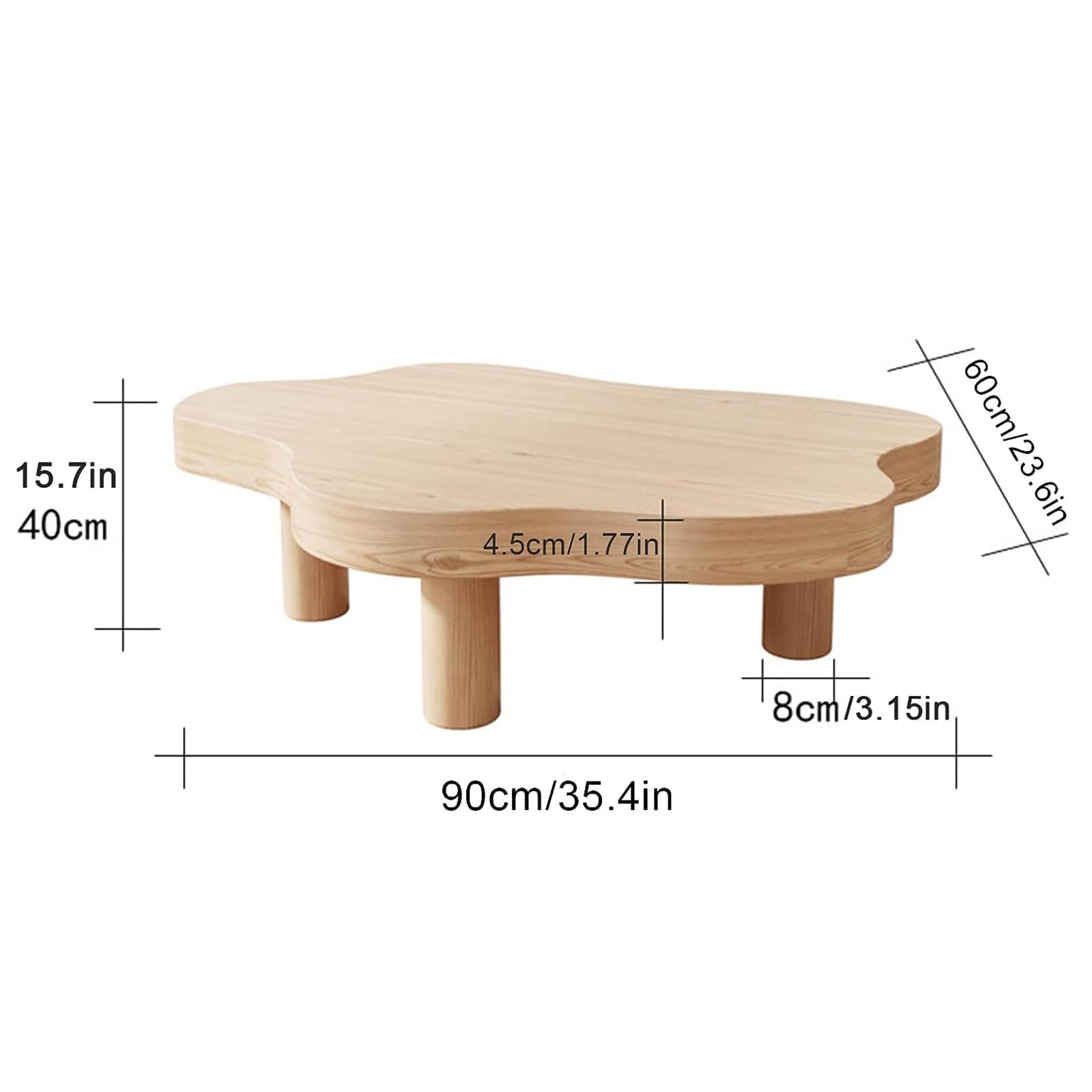 HM&DX Modern Cloud-Shaped Wood Coffee Table - Round Corner Thickened Accent Table with 3 Legs - Natural Wood Finish - 35.4
