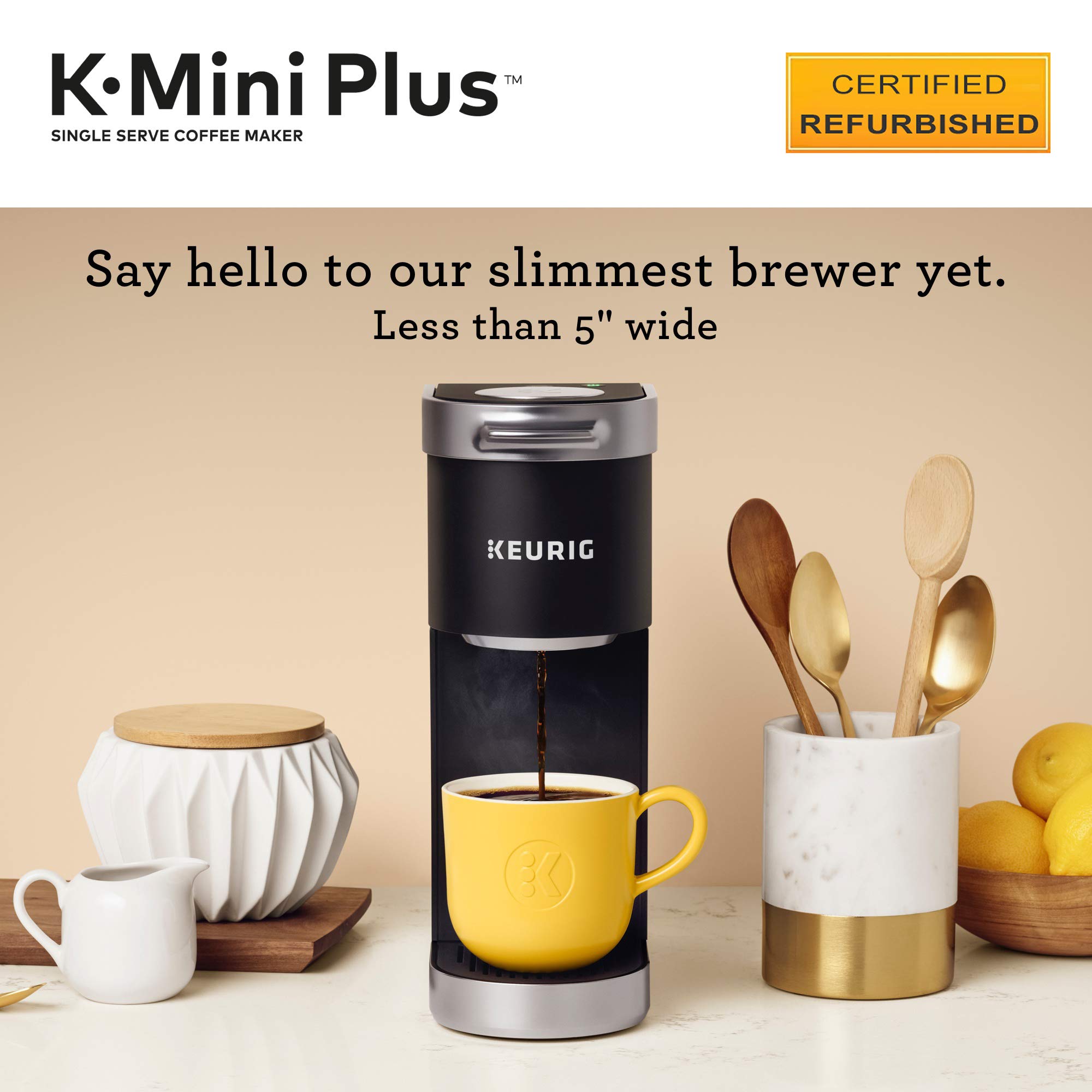 Certified Refurbished Keurig K-Mini Plus Single Serve Coffee Maker - Black (Renewed) | Compact Design for Home, Office & Dorm Use | Fast Brewing with No Water Reservoir
