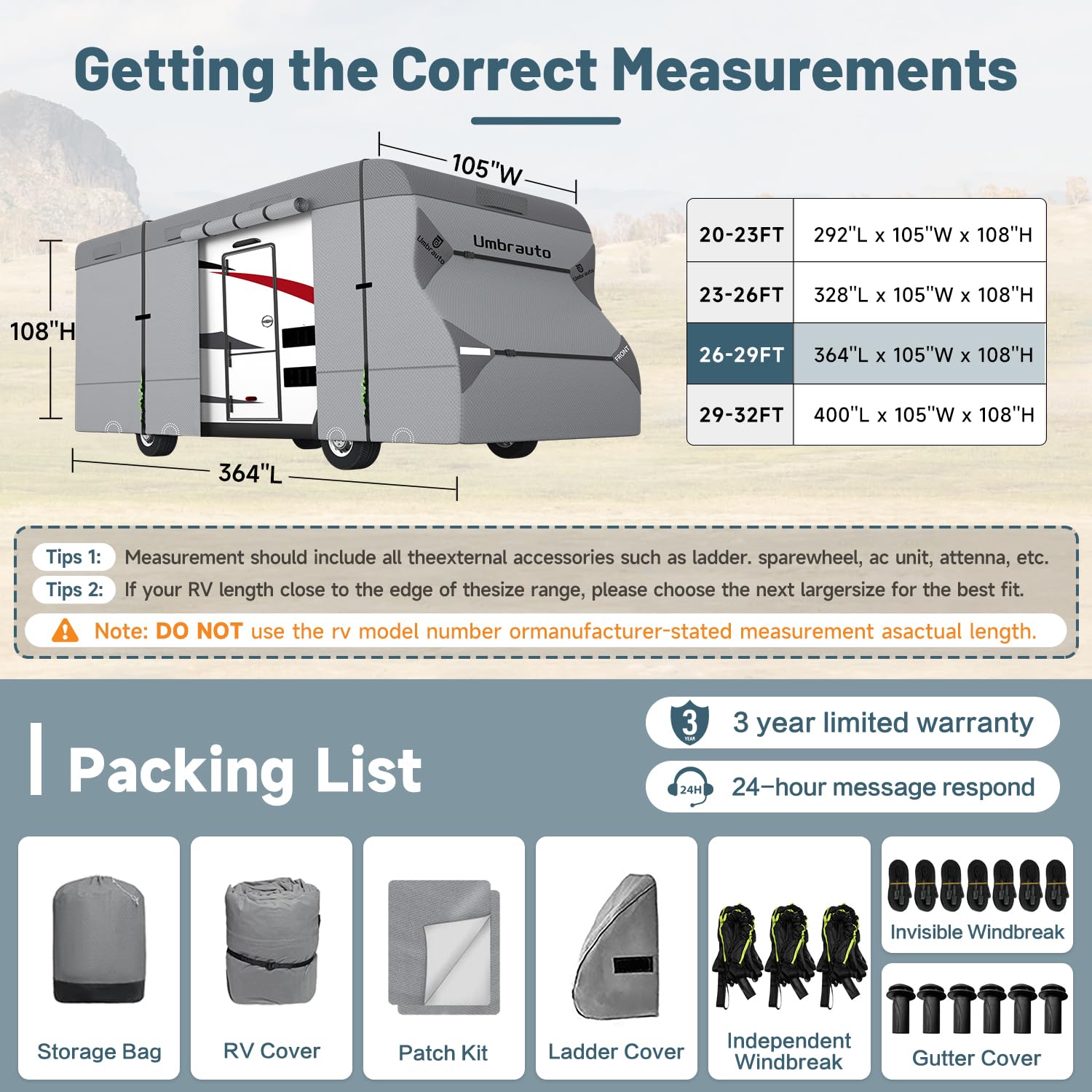 Umbrauto RV Cover Class C - Heavy Duty 7-Layer Waterproof & UV-Resistant Motorhome Cover for 26'-29' RVs | Includes 3 Extra Straps, Repair Patches & 6 Gutter Covers | Perfect for Winter Storage & Outdoor Protection