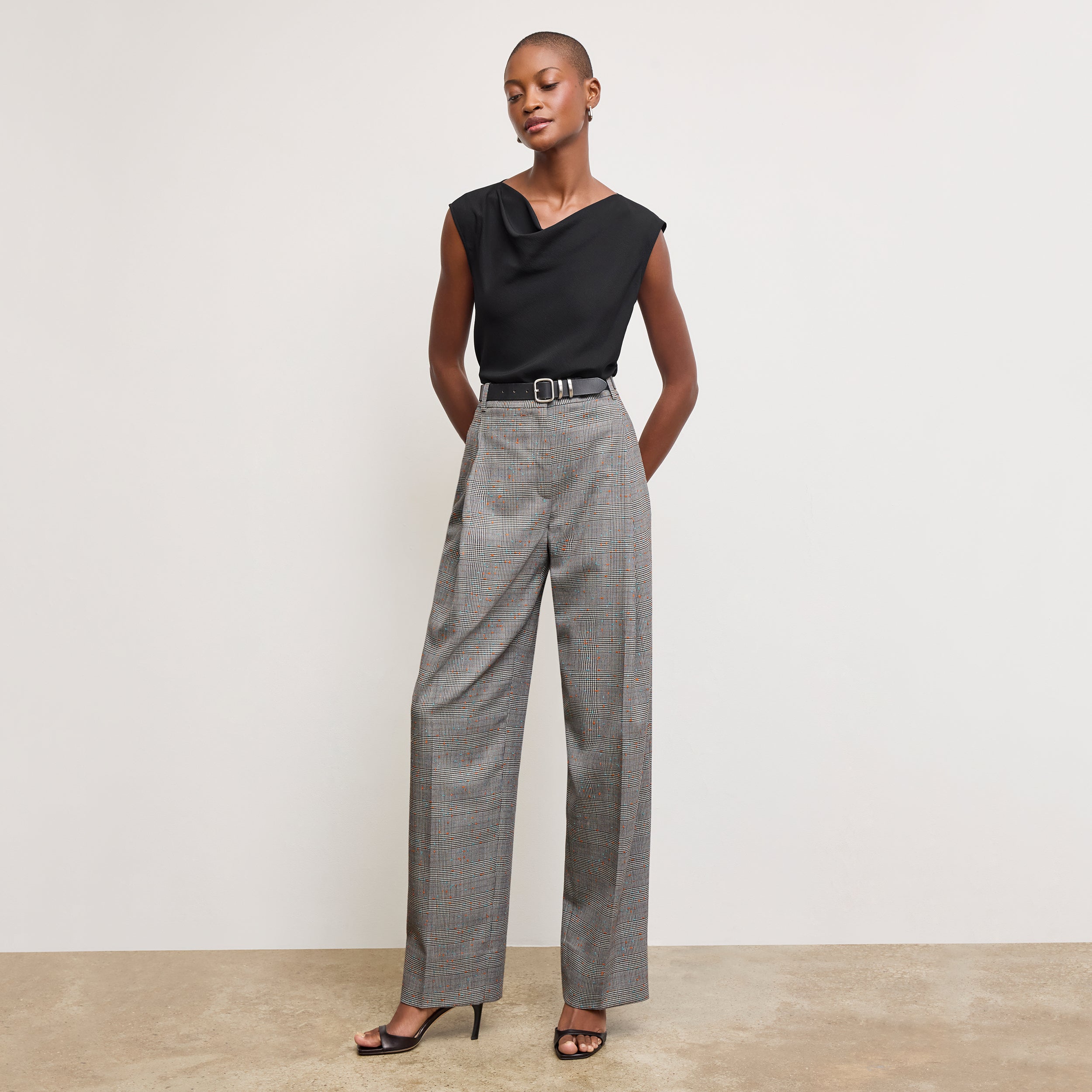 Rina Sculptural Pants - Sharkskin Mixed Check High Waist Trousers for Women | Perfect for Office, Casual Wear & Night Out