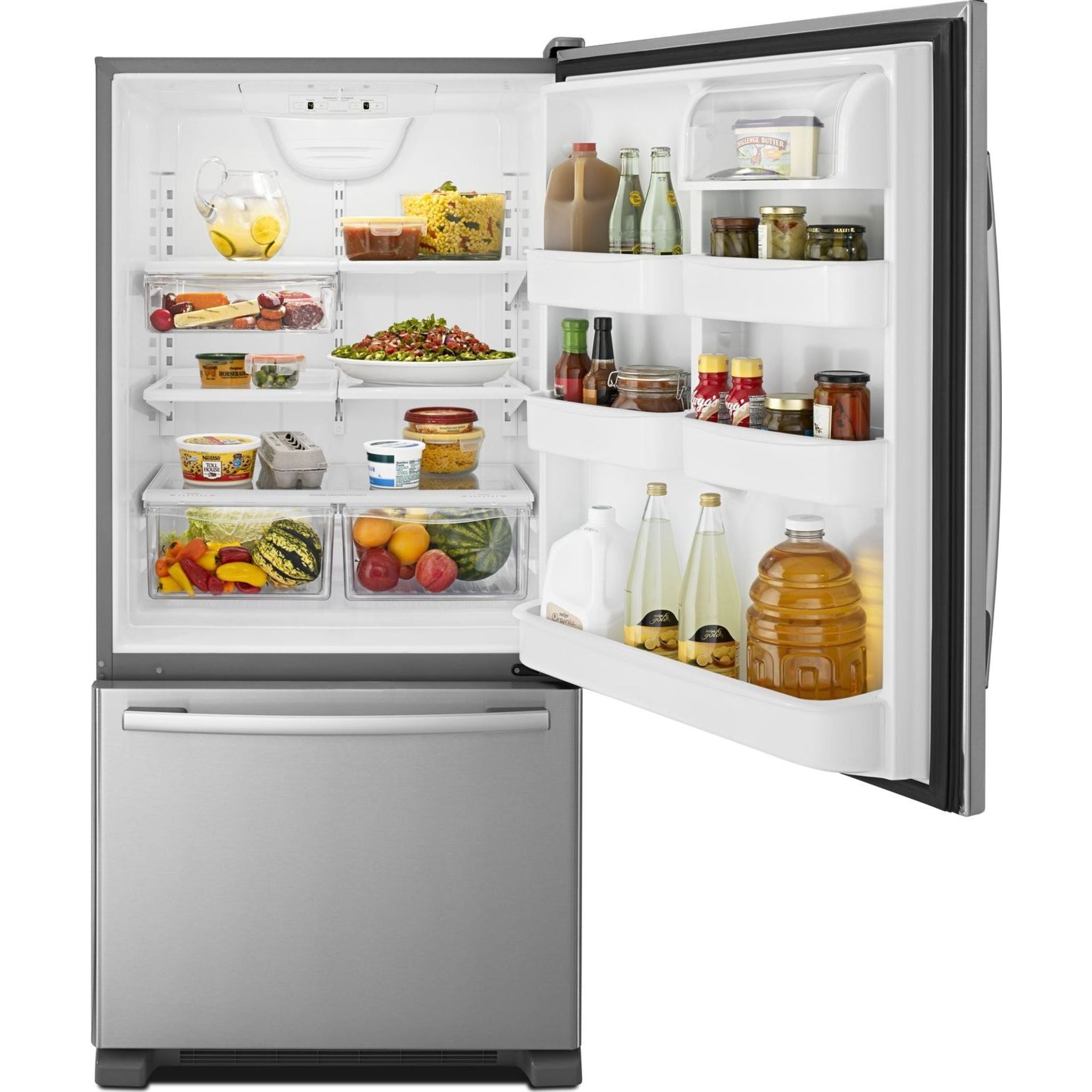 Amana Bottom Mount Refrigerator (ABB2224BRM) - 24.5 Cu. Ft. Stainless Steel French Door Fridge with Adjustable Shelves & LED Lighting - Perfect for Modern Kitchens & Open-Concept Homes