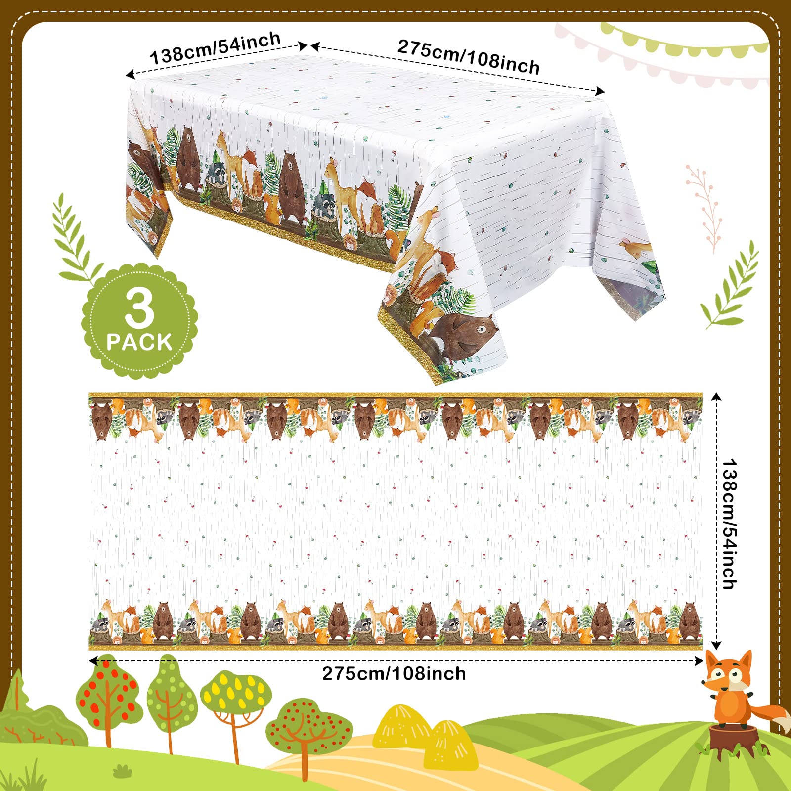 Dianelhall 3-Piece Woodland Tablecloth Set - Forest Animals Baby Shower Decorations, Cute Woodland Theme Table Covers for Boys Baby Shower Party, Birthday, Nursery Decor & Outdoor Picnic