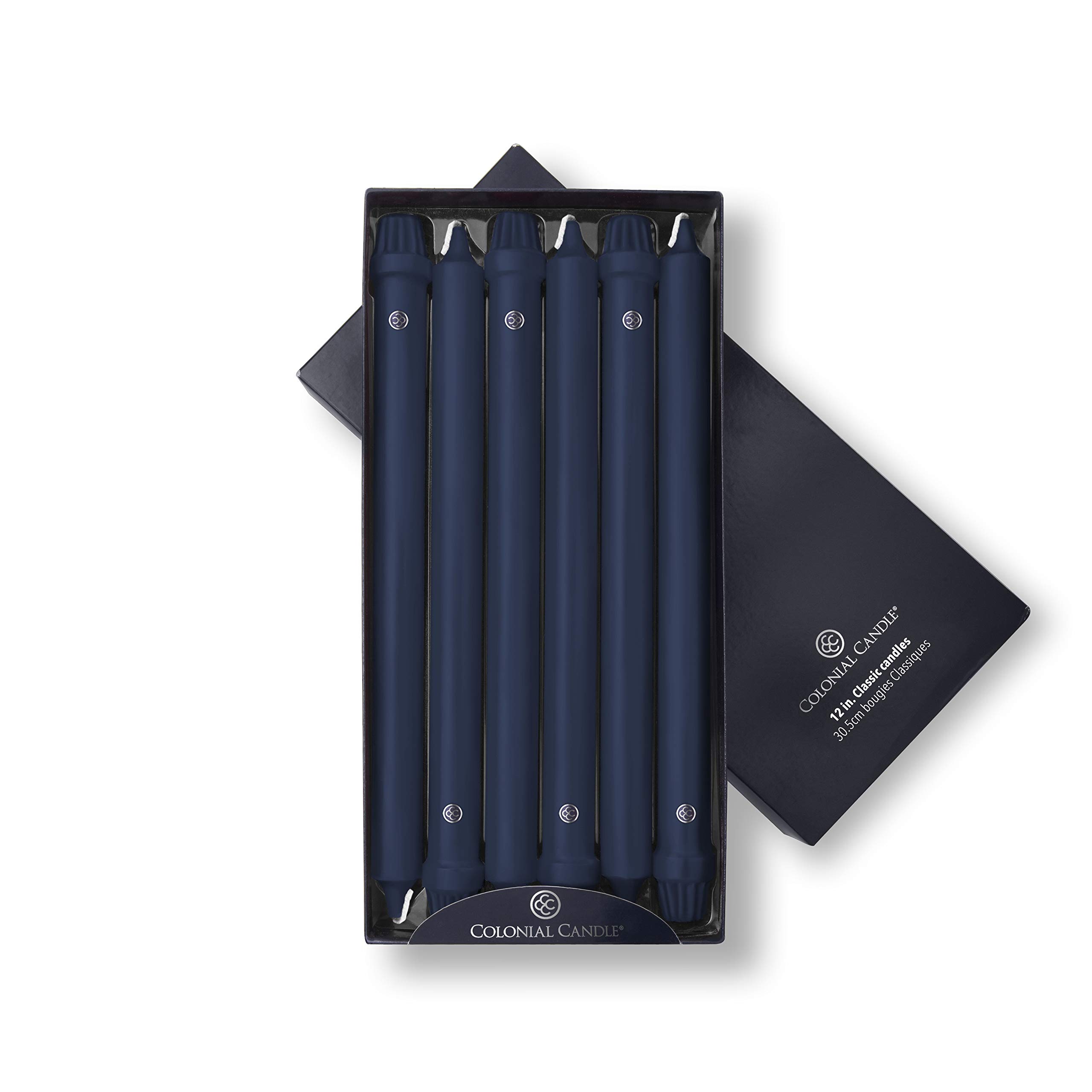 Colonial Candle Unscented Taper Candles - Classic Collection Indigo (12-Inch, Pack of 12) - 10-Hour Burn Time for Dining, Weddings & Home Decor