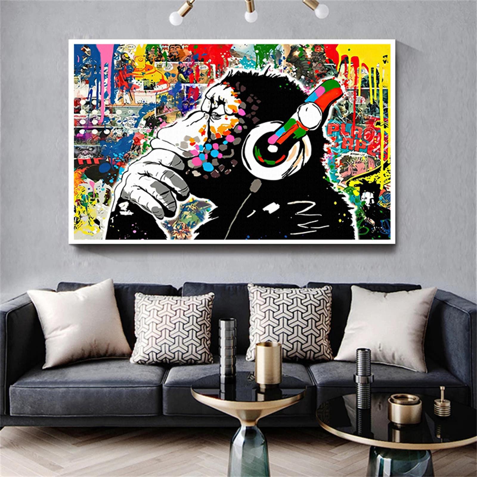 Abstract Graffiti Art Canvas Painting - Monkey with Headphones Wall Decor Poster Print (85x120cm Frameless) for Living Room, Bedroom & Office