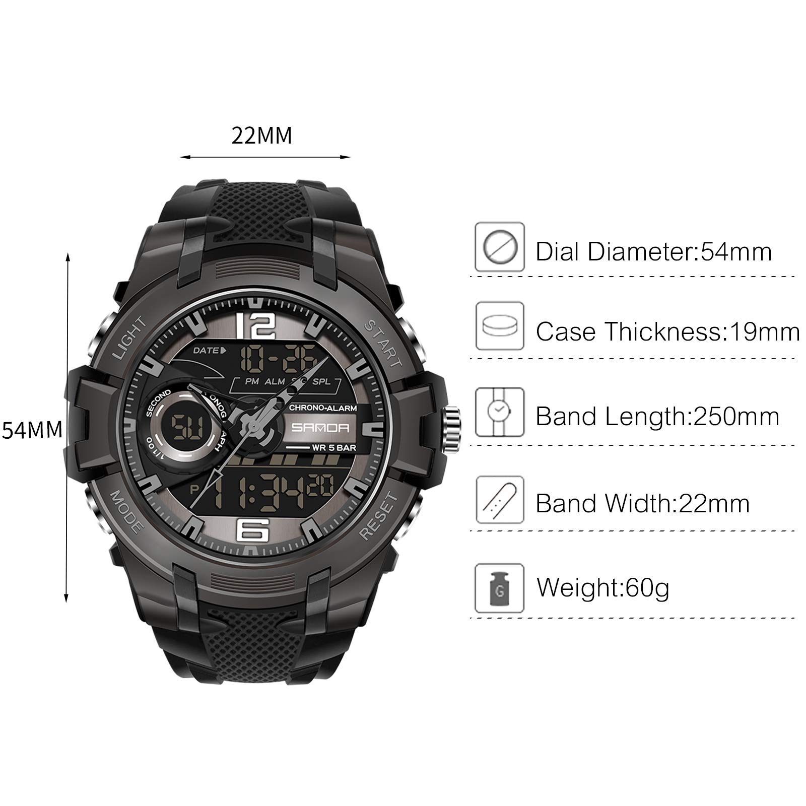 RORIOS Men's Digital Quartz Sports Watch - Waterproof Chronograph Wristwatch with Alarm & Timer - Perfect for Running, Gym, Outdoor Activities & Daily Wear