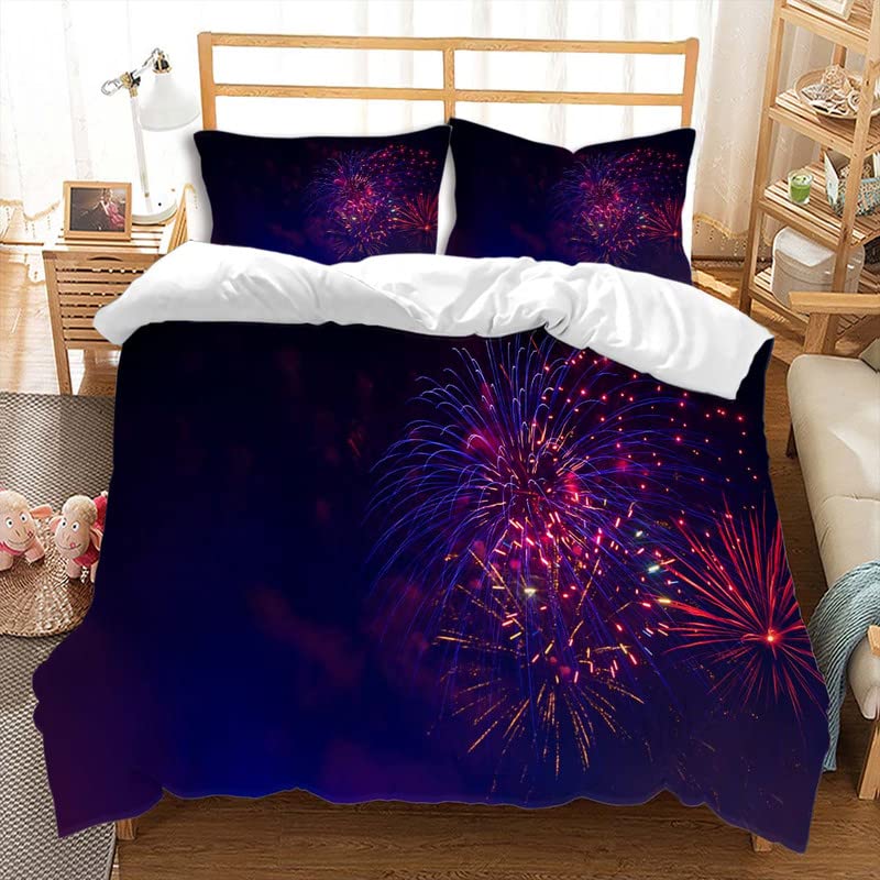 3Pcs Fireworks Duvet Cover Set - Vibrant Glowing Microfiber Bedding with Zipper & 2 Pillow Shams, Queen Size | Colorful Gorgeous Firework Design for Bedroom Decor | Perfect for Holidays, Parties & Special Occasions