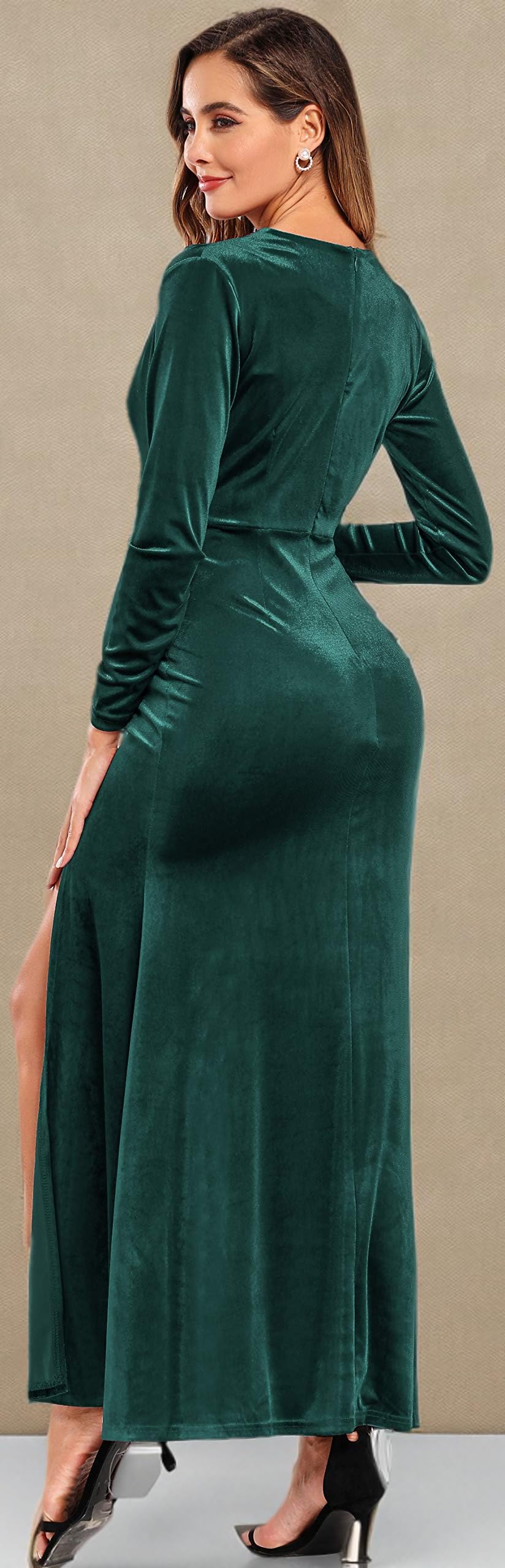 Babalet Women's Elegant Velvet Formal Dress - Bodycon Wedding Guest Long Sleeve Gown for Evening Parties, Cocktail Events & Holiday Celebrations