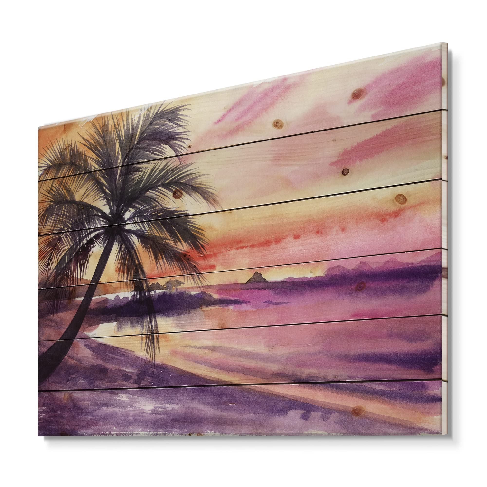 DesignQ Pink & Purple Palm Beach Sunset Nautical Coastal Wood Wall Decor - Large Beach Wood Wall Art Panels Printed on Natural Pine - Perfect for Coastal Home Decor, Beach House Wall Art, Living Room & Bedroom Wall Decor