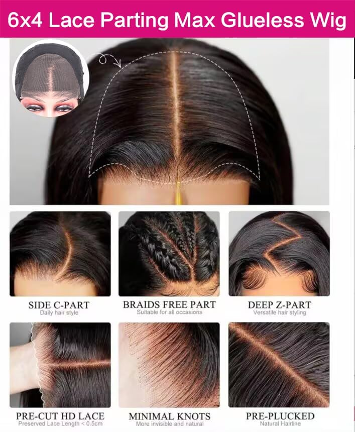 24 Inch Glueless Straight Human Hair Wigs for Women - 6x4 HD Lace Closure, 180% Density, Pre-Plucked - Natural Look No Glue Needed - Perfect for Daily Wear, Parties & Special Occasions
