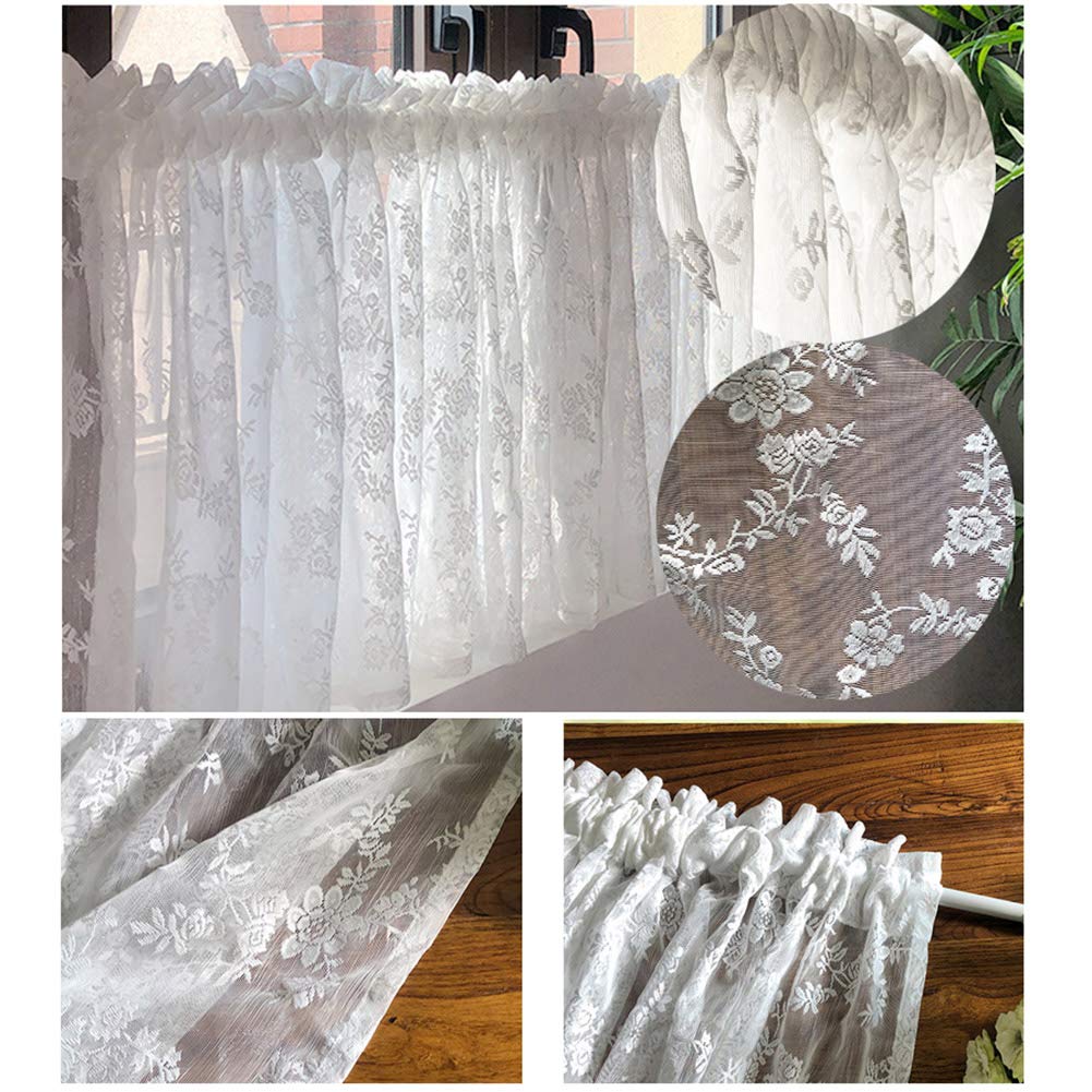 Flower Lace Rod Pocket Window Curtain Valance - White Translucent Kitchen Short Curtain (150x40cm/59x16in) for Bedroom, Living Room & Coffee Shop | Elegant Window Treatment for Home Decor & Cafe Ambiance