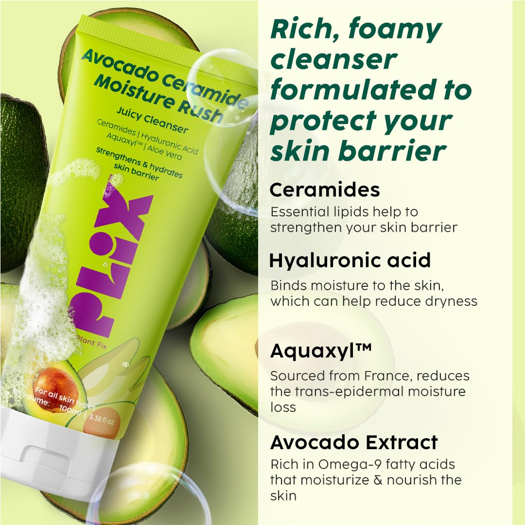 PLIX Avocado Ceramide Moisture Rush Juicy Cleanser (100ml) - Hydrating Face Wash with Ceramides for Sensitive Skin | Gentle Daily Cleanser for Men & Women | Nourishes & Moisturizes Dry Skin | Perfect for Morning & Night Skincare Routine