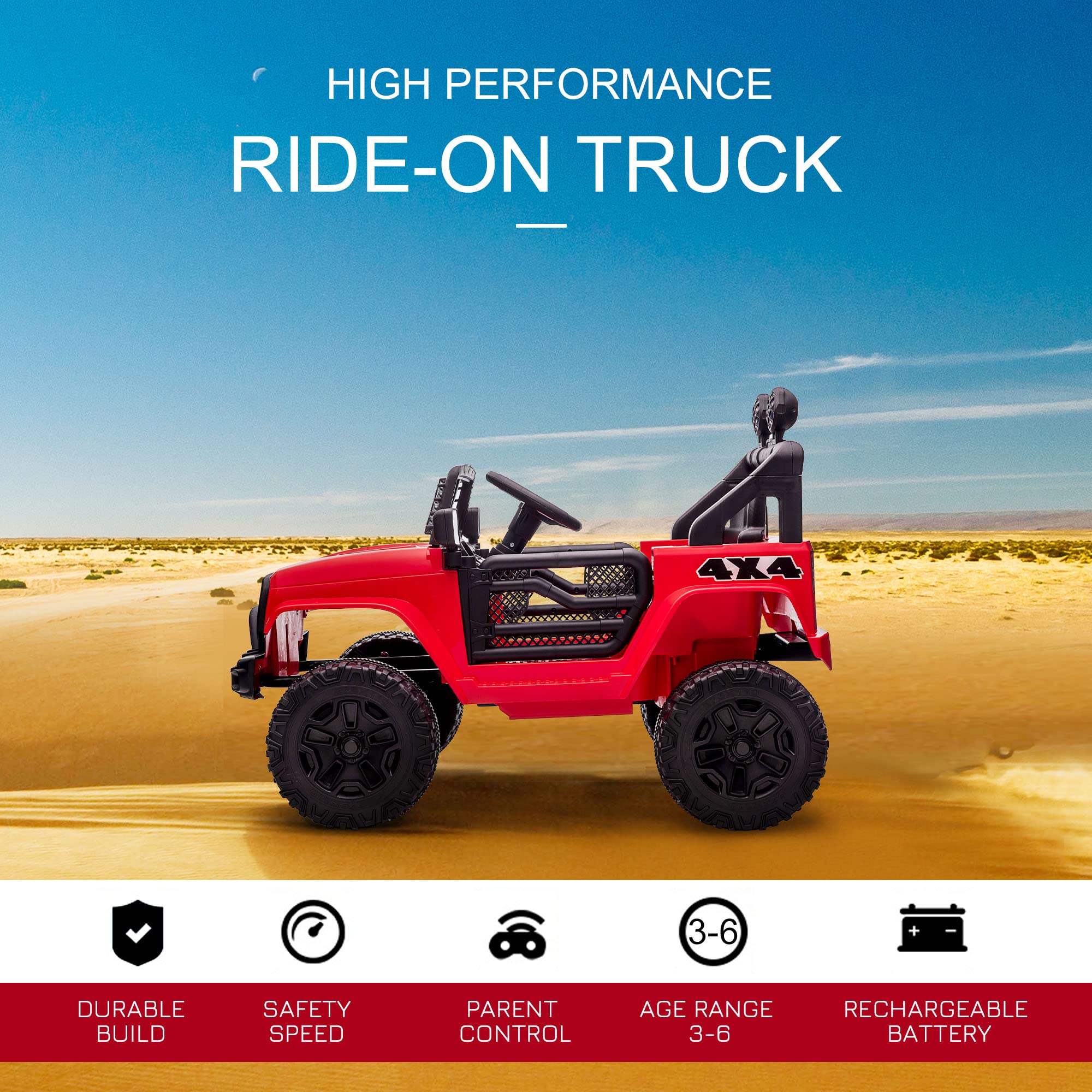 12V Kids Ride On Truck with Parent Remote Control - Battery Powered Electric Car for Boys & Girls, Adjustable Speed, LED Lights & Horn, Spring Suspension - Perfect for Birthday Gifts & Outdoor Play (Red)