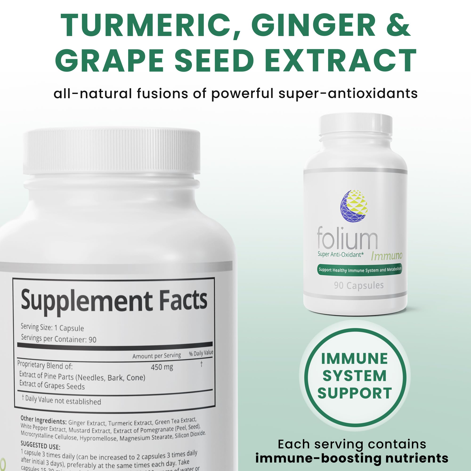 Folium Immuno Inflammatory Supplement with Pine Bark, Grape Seed, Ginger, Turmeric, Green Tea, White Pepper & Pomegranate Extracts - Natural Immune Support for Daily Wellness & Inflammation Relief