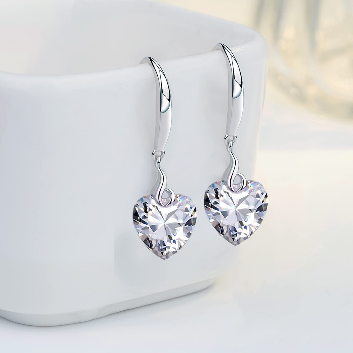 925 Sterling Silver Heart Dangle Earrings for Women - 10mm Cubic Zirconia Drop Earrings, White Gold Plated Jewelry Gift for Girls, Perfect for Valentine's Day, Anniversary & Special Occasions