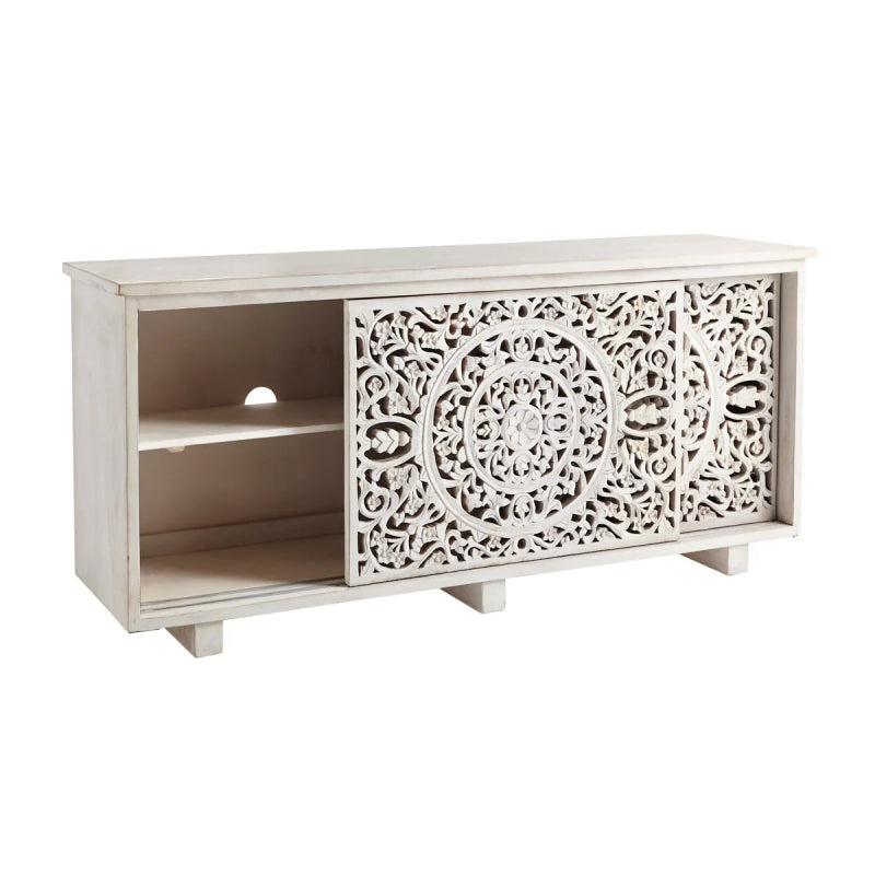 Hand Carved Solid Wooden White Media Console TV Stand - Rustic Farmhouse Entertainment Center for Living Room, Bedroom & Home Theater