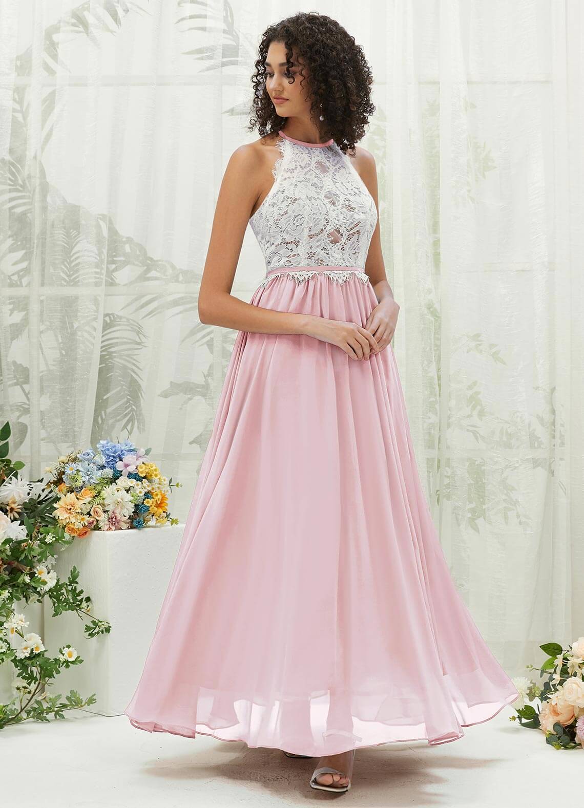 Elegant Blush Pink Lace Halter Neck Backless Chiffon Bridesmaid Dress with High Slit - Perfect for Weddings, Formal Events & Special Occasions