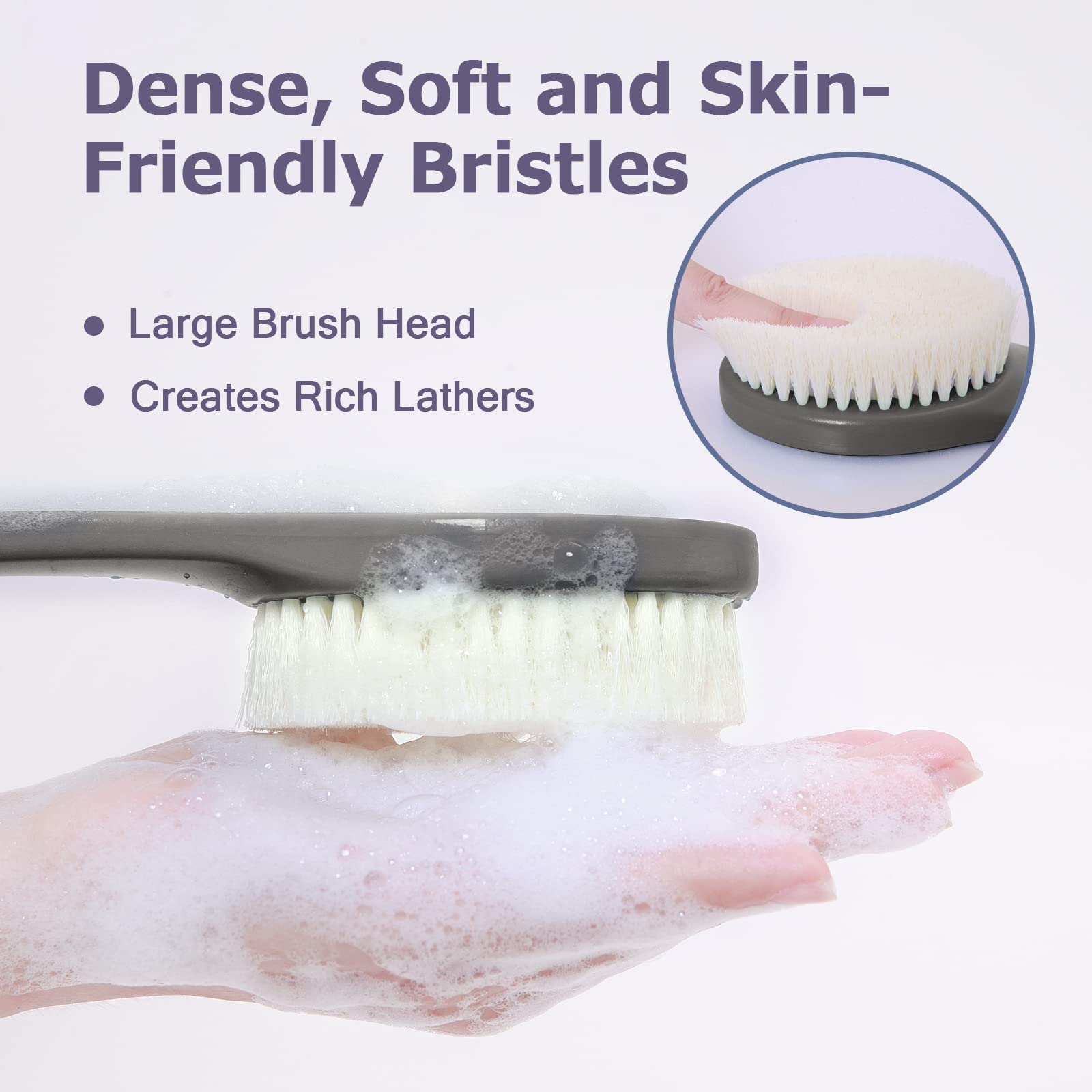 Exfoliating Shower Brush with Long Handle - Bath & Body Brush for Dry & Wet Brushing - Mold-Resistant Back with Moderate Bristles (Grey) - Perfect for Exfoliation, Lymphatic Drainage & Spa-Like Shower Experience