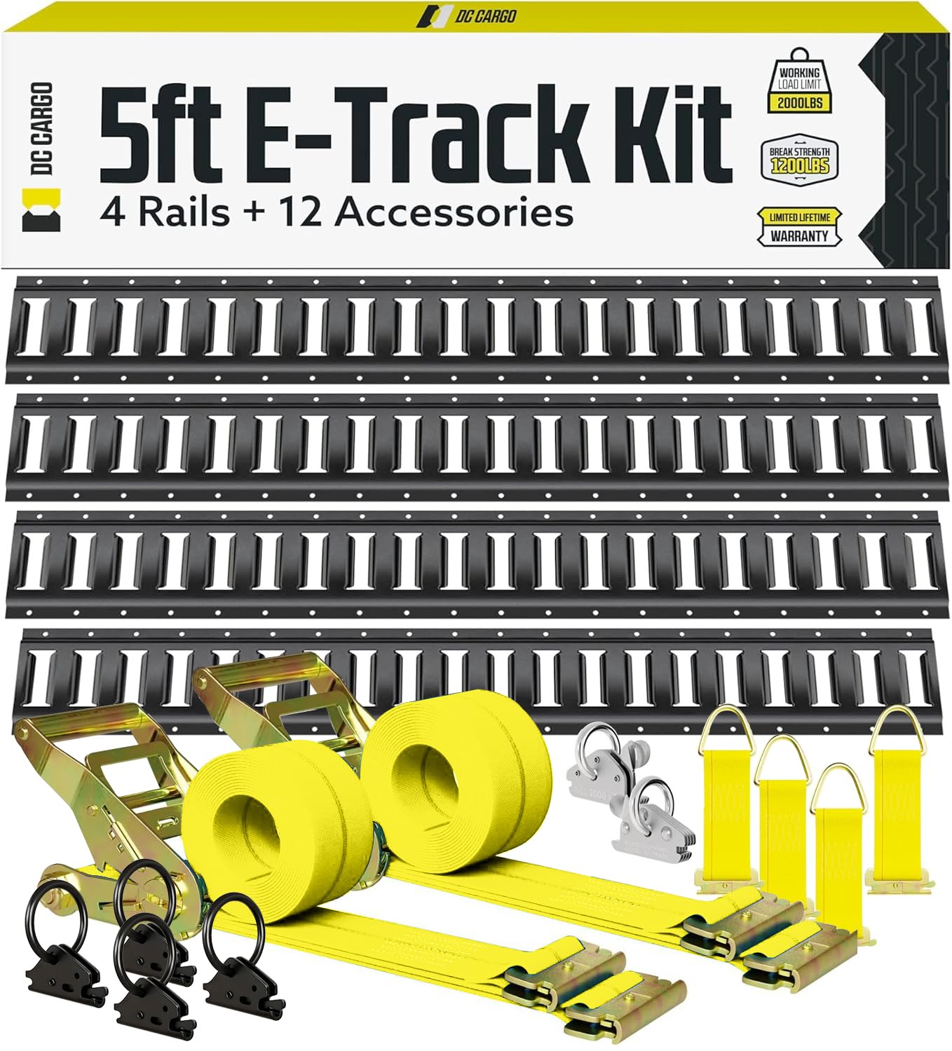16PCS 5FT E-Track Tie Down Rail Kit - 4 Powder-Coated Rails, 12FT Ratchet Straps, O Rings & D-Ring Tie-Offs for Secure Cargo Transport - Perfect for Vans, Trucks & Trailers