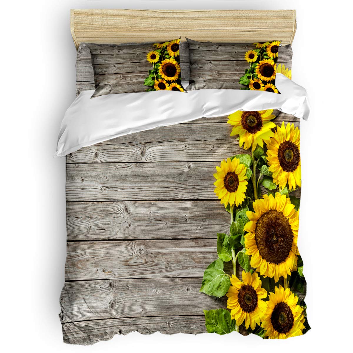 Libaoge Full Size Duvet Cover Set - 4 Piece Summer Bedding Collection with Sunflower & Wooden Board Design, Includes Flat Sheet & Pillowcases for Women, Men & Kids - Perfect for Modern Home Decor, Guest Rooms & Kids' Bedrooms