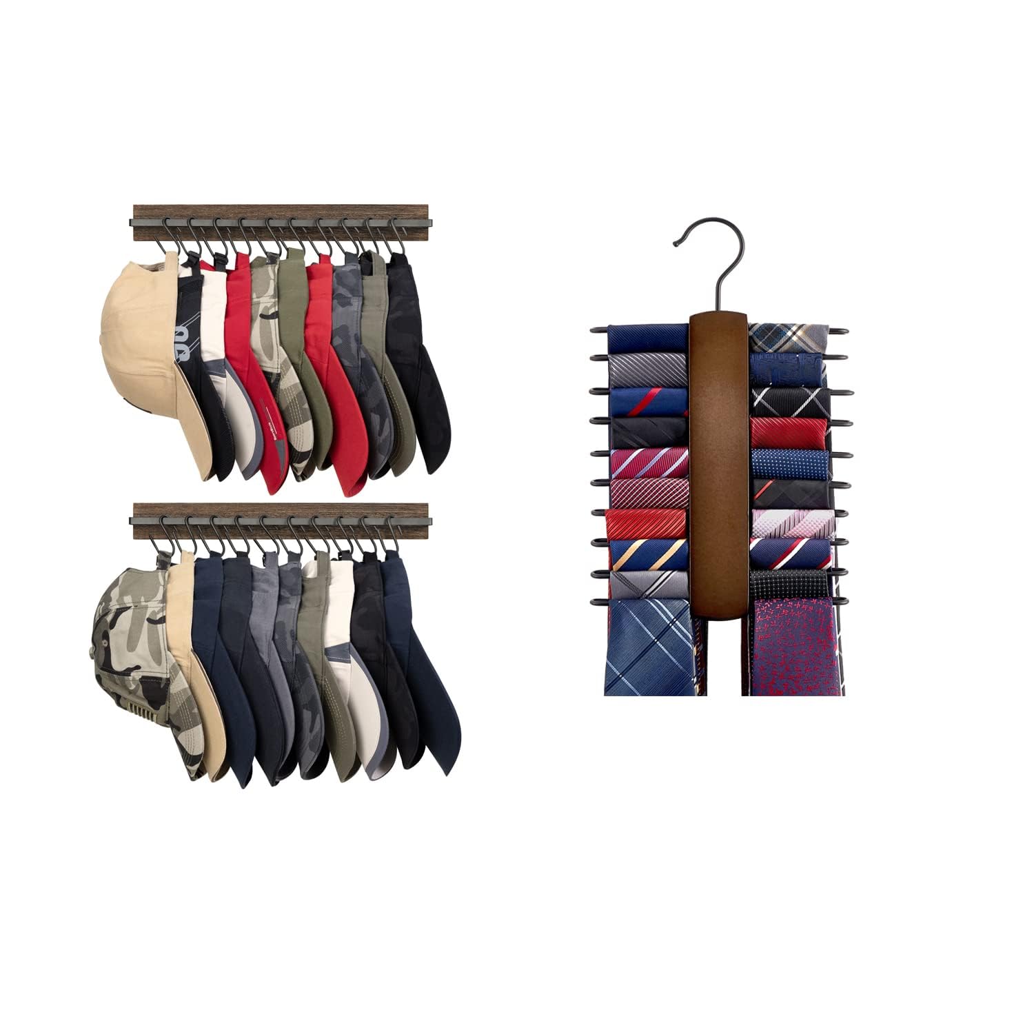 MKONO 3-Pack Wooden Wall Hat Rack & Tie Organizer - 20 Non-Slip Hooks for Baseball Caps & Accessories - Space Saving Closet Storage Solution for Men's Wardrobe Organization