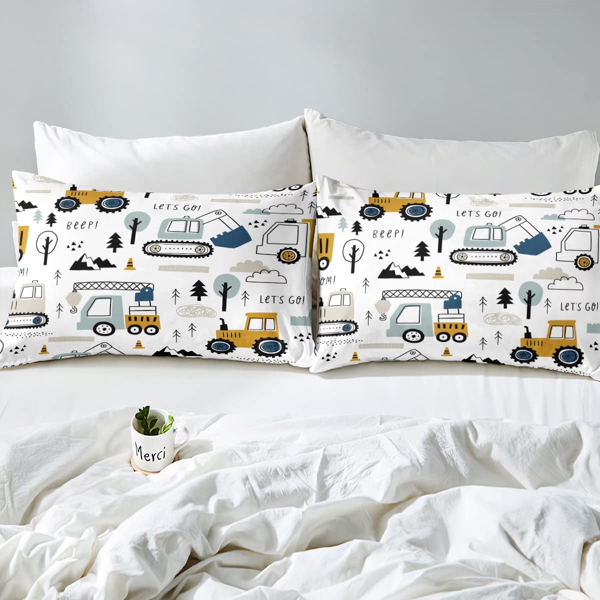 Kids Construction Truck Bedding Set - Cartoon Car, Excavator & Tractor Themed 3-Piece Twin Sheet Set with Deep Pocket Fitted Sheet (White & Yellow) | Perfect for Boys' Bedroom Decor & Themed Sleepovers