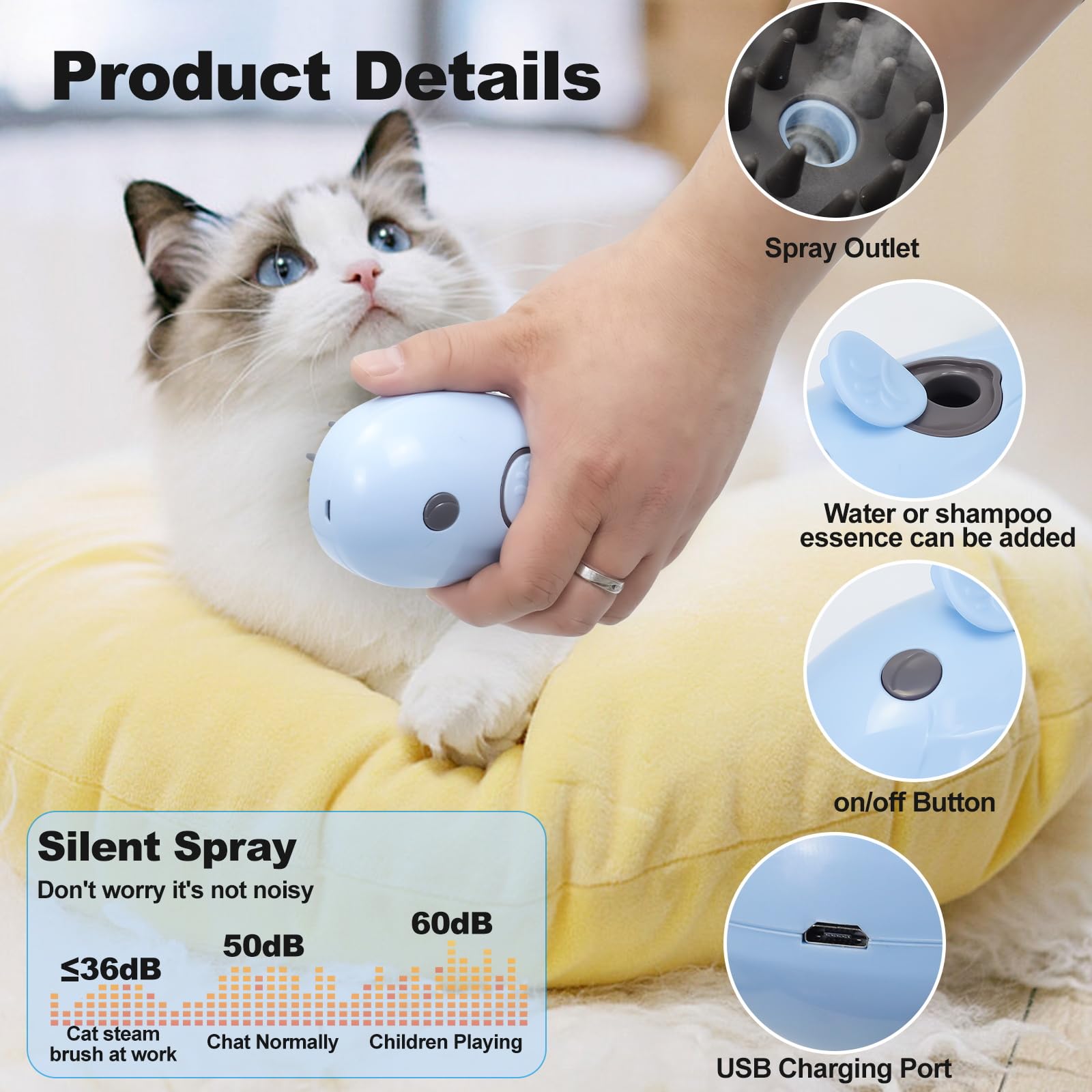 Rechargeable Cat Steam Brush - 3-in-1 Pet Grooming Tool for Shedding & Hair Removal - Perfect for Cats & Horses at Home